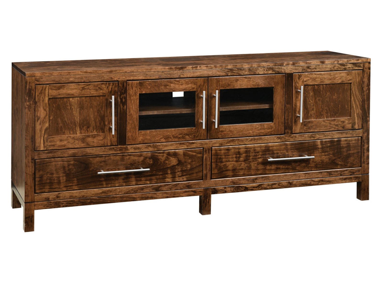 hand-rubbed finish hardwood Modern Rustic Four-door Media Console With Glass And Wood Doors, Modern Rustic Four-door Media Console With Glass And Wood Doors in a showroom vignette setting highlighting Modern Rustic Four-door Media Console With Glass And Wood Doors (frame 1 of 2).