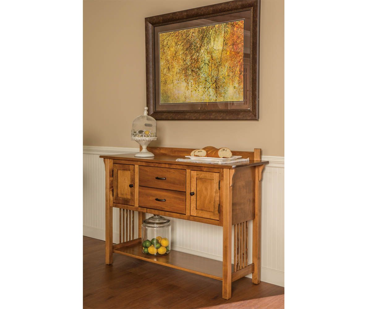 hand-rubbed finish hardwood Mission Style Sideboard With Drawers And Doors, Mission Style Sideboard With Drawers And Doors in a showroom vignette setting highlighting Mission Style Sideboard With Drawers And Doors (thumbnail 3 of 6).