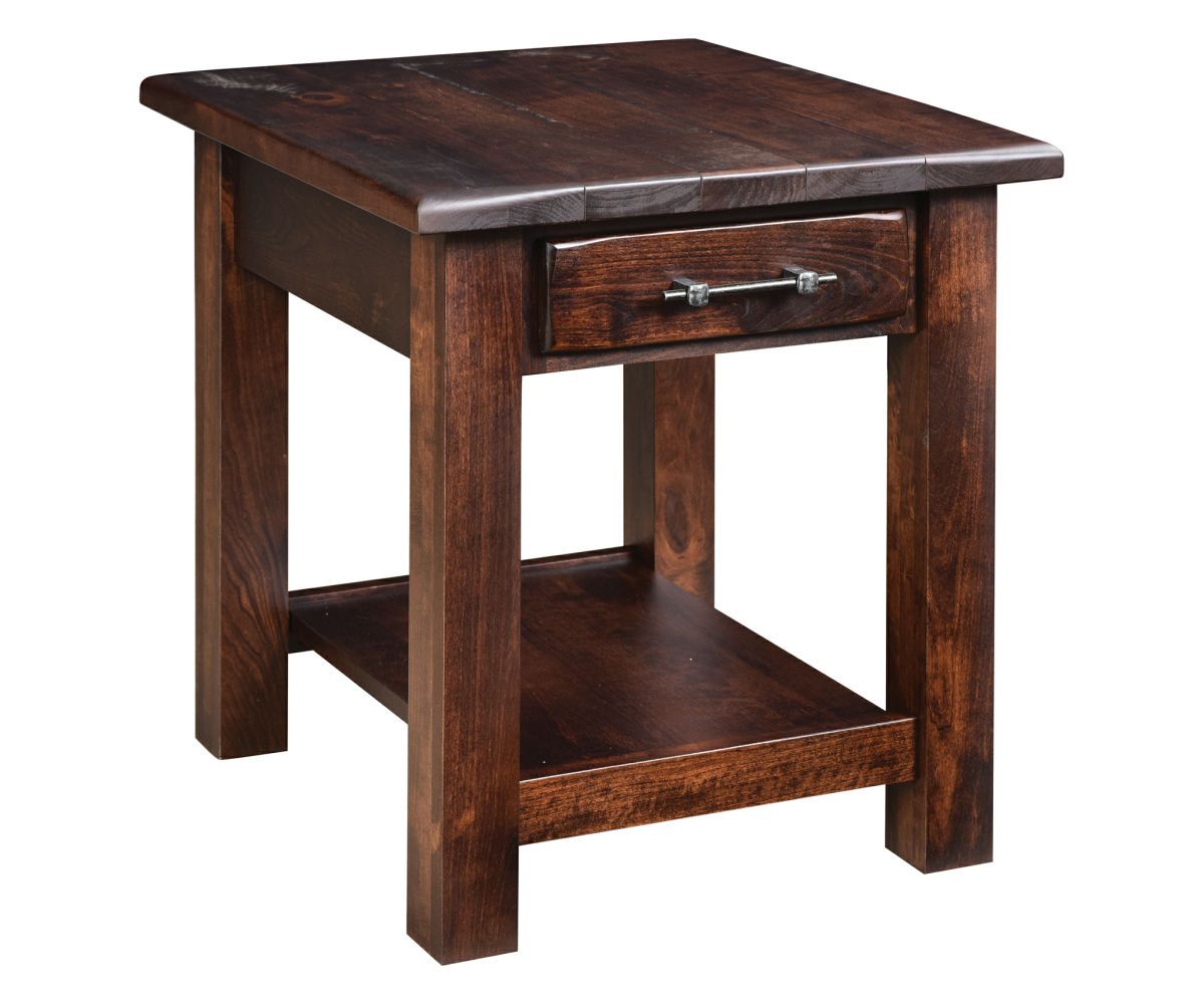 hand-rubbed finish hardwood Square Wood End Table With Drawer And Open Shelf, Square Wood End Table With Drawer And Open Shelf in a showroom vignette setting highlighting Square Wood End Table With Drawer And Open Shelf (thumbnail 3 of 6).