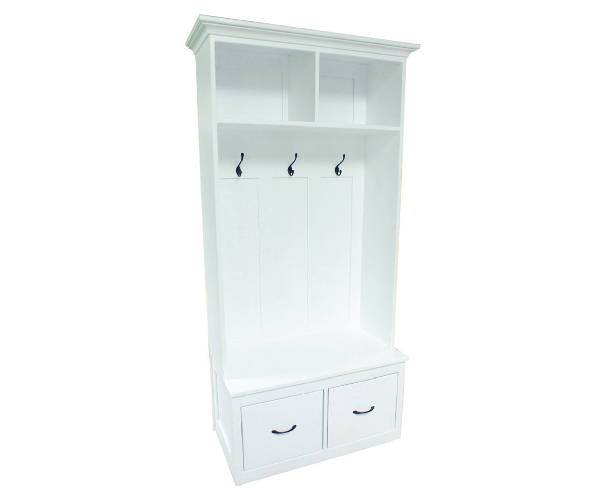 Painted White Hall Tree With Bench, Cubbies, And Hooks