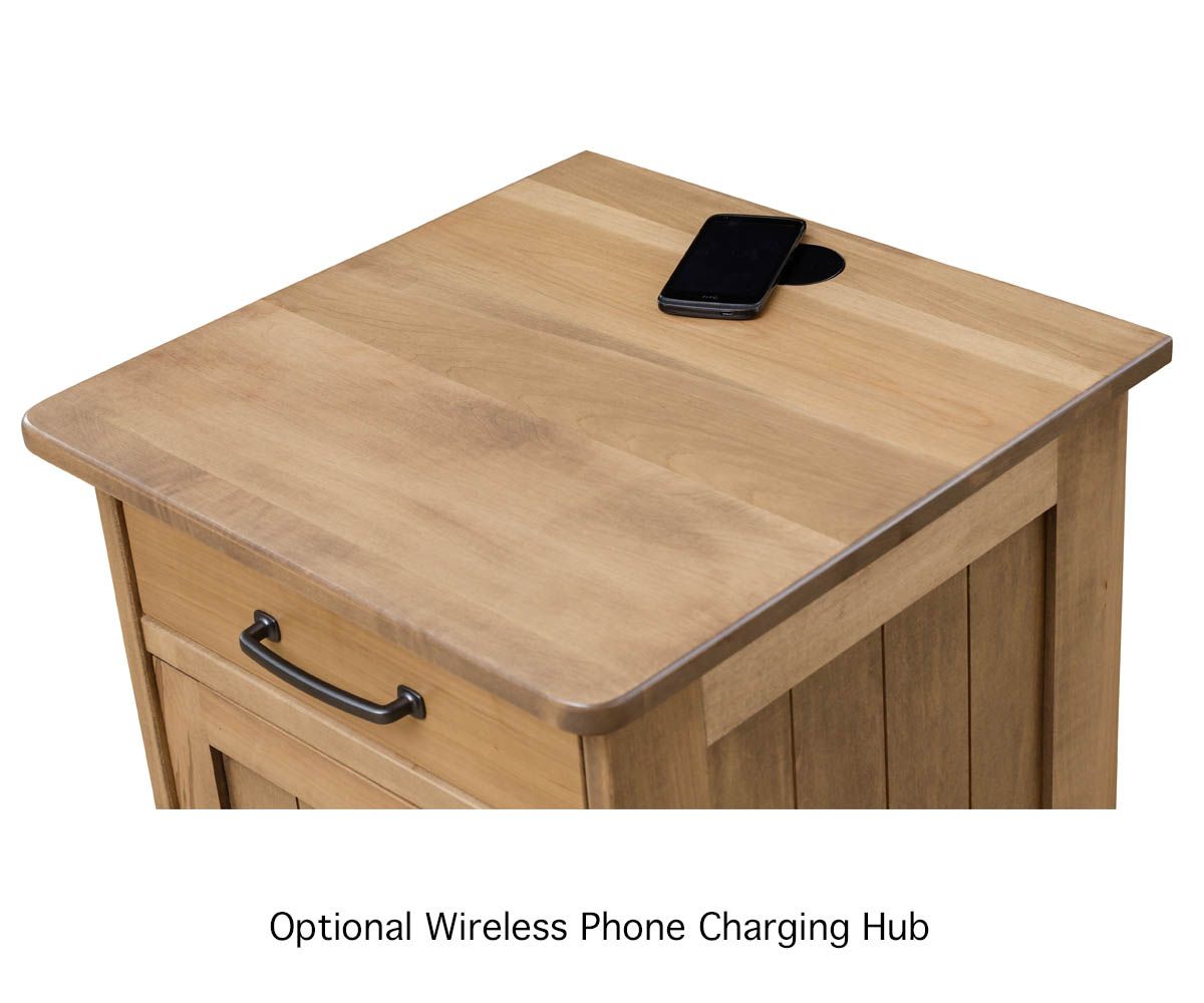 hand-rubbed finish hardwood Farmstead Rustic Hickory Chairside Table With Charging Options, Farmstead Rustic Hickory Chairside Table With Charging Options in a Farmstead vignette setting highlighting Farmstead Rustic Hickory Chairside Table With Charging Options (thumbnail 2 of 3).