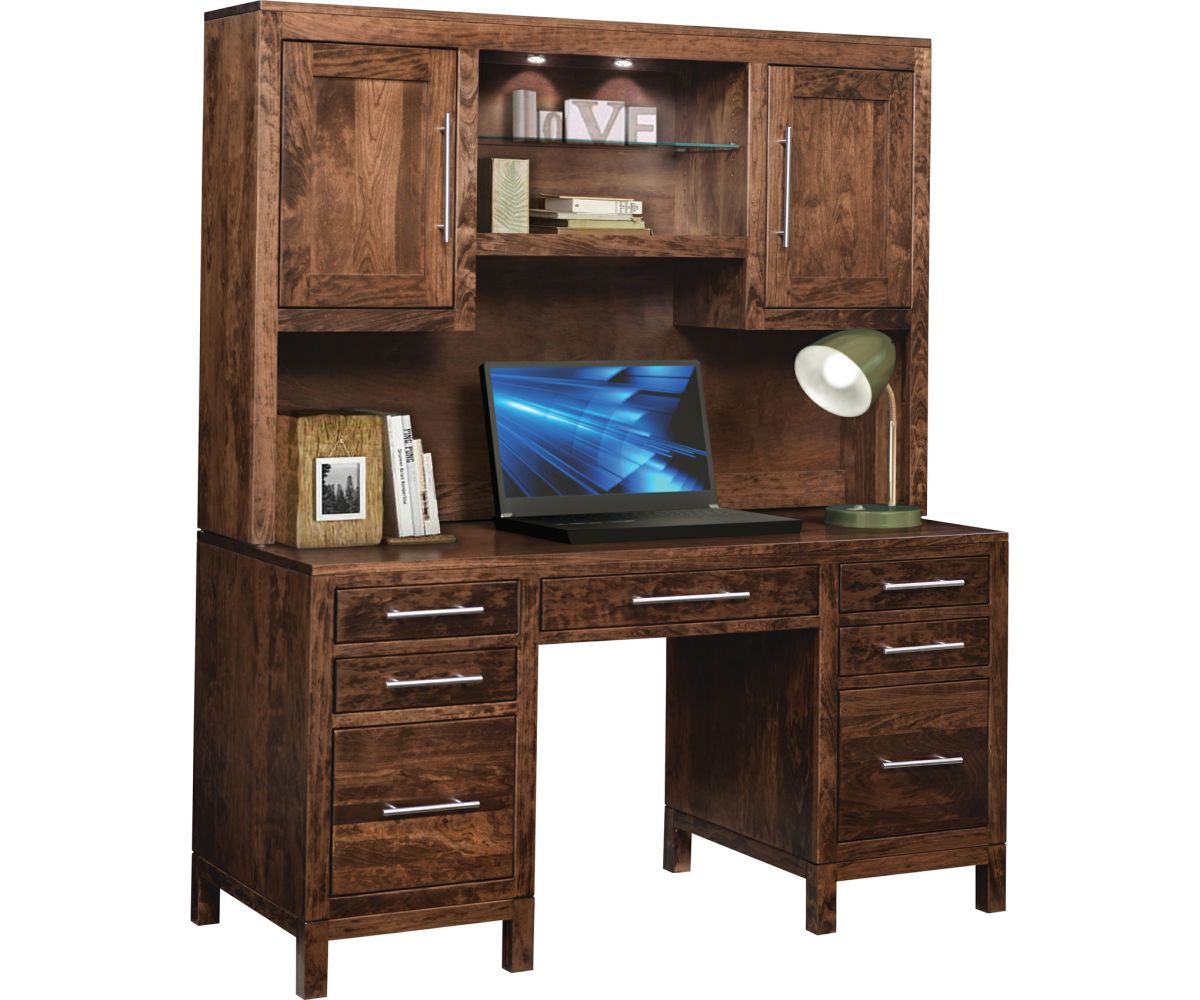 hand-rubbed finish hardwood Modern Double Pedestal Desk With Sleek Metal Pulls, Modern Double Pedestal Desk With Sleek Metal Pulls in a showroom vignette setting highlighting Modern Double Pedestal Desk With Sleek Metal Pulls (thumbnail 2 of 3).