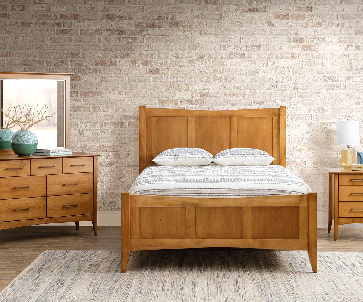 hand-rubbed finish hardwood Simplicity Queen Panel Bed In Maple, Simplicity Queen Panel Bed In Maple in a Simplicity vignette setting highlighting Simplicity Queen Panel Bed In Maple (thumbnail 2 of 2).