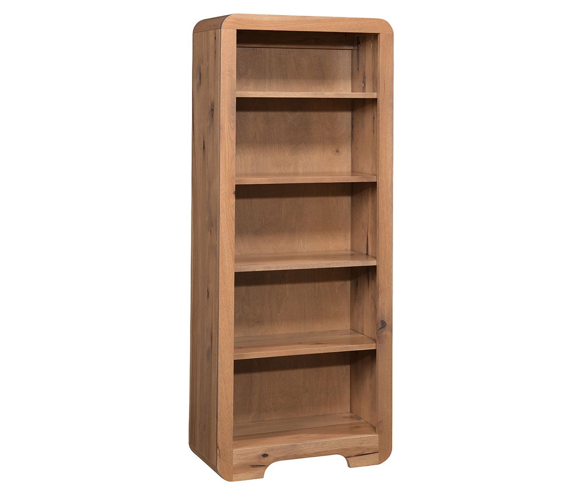hand-rubbed finish hardwood Rounded Edge Solid Wood Bookcase With Adjustable Shelves, Rounded Edge Solid Wood Bookcase With Adjustable Shelves in a showroom vignette setting highlighting Rounded Edge Solid Wood Bookcase With Adjustable Shelves (thumbnail 3 of 5).