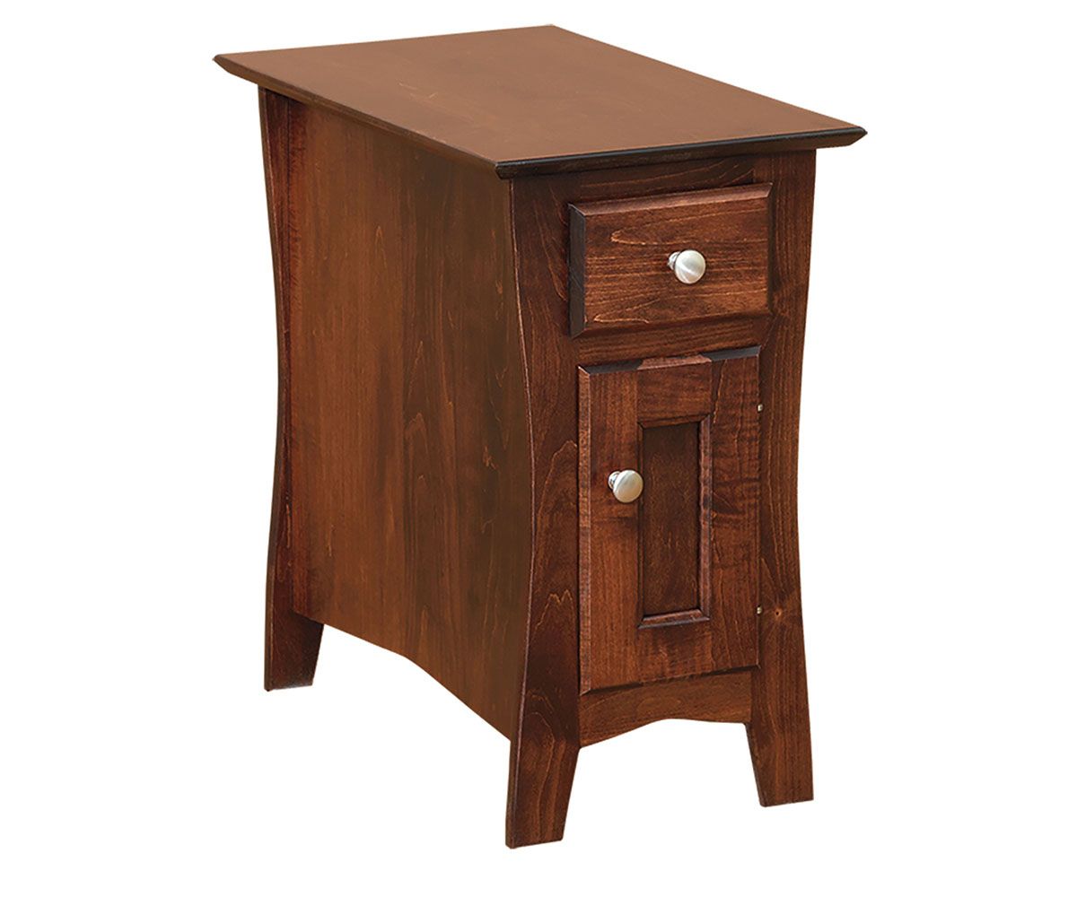 hand-rubbed finish hardwood Mission Style 1-drawer 1-door Nightstand, Mission Style 1-drawer 1-door Nightstand in a showroom vignette setting highlighting Mission Style 1-drawer 1-door Nightstand (thumbnail 2 of 2).