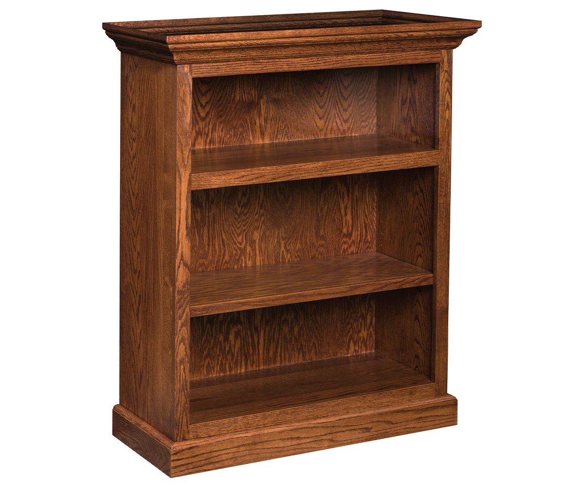 hand-rubbed finish hardwood Solid Wood Bookcase With Crown Molding, Solid Wood Bookcase With Crown Molding in a showroom vignette setting highlighting Solid Wood Bookcase With Crown Molding (thumbnail 3 of 9).