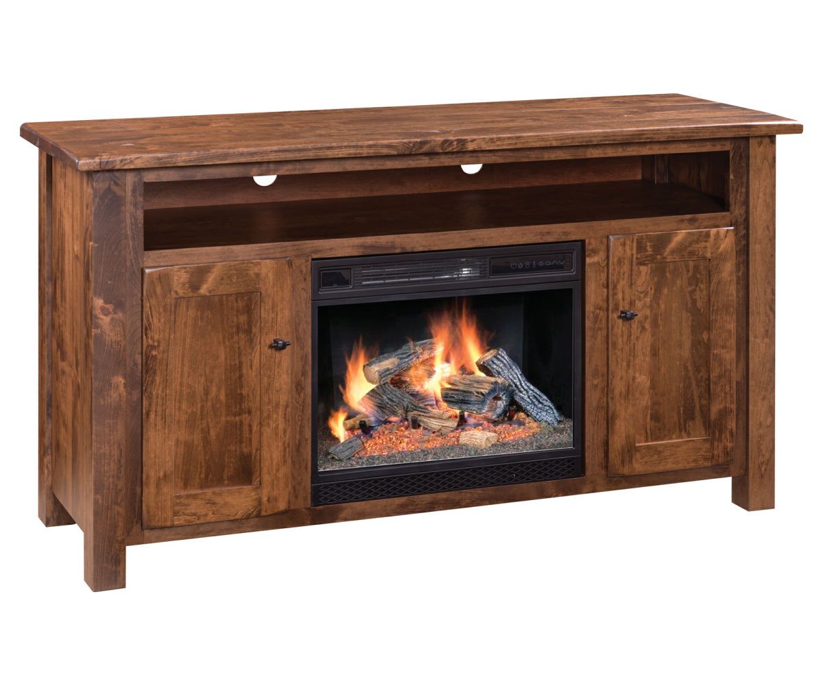hand-rubbed finish hardwood Wooden Fireplace Tv Stand With Storage Cabinets And Open Shelf, Wooden Fireplace Tv Stand With Storage Cabinets And Open Shelf in a showroom vignette setting highlighting Wooden Fireplace Tv Stand With Storage Cabinets And Open Shelf (thumbnail 4 of 5).