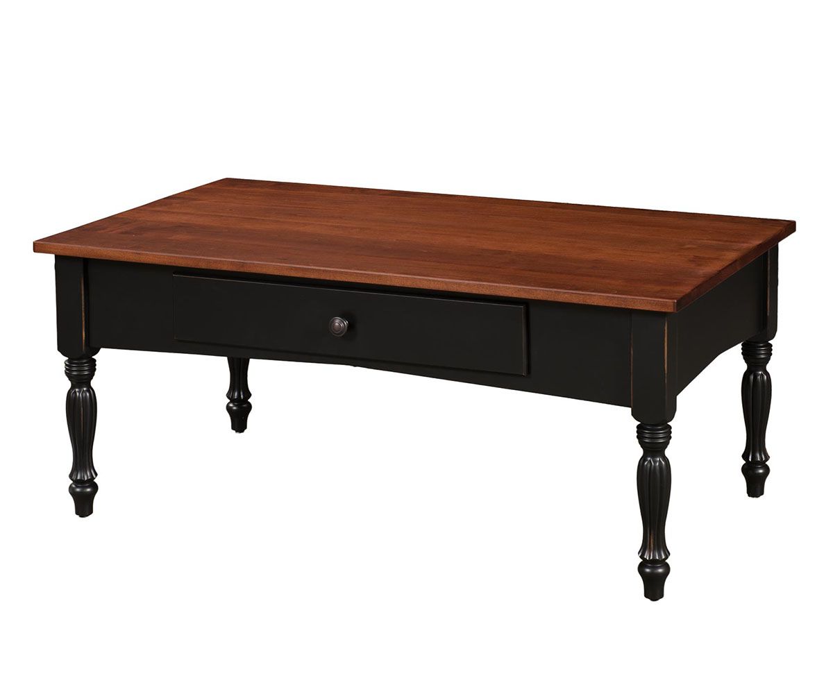 hand-rubbed finish hardwood Traditional Turned Leg Coffee Table With Drawer, Traditional Turned Leg Coffee Table With Drawer in a showroom vignette setting highlighting Traditional Turned Leg Coffee Table With Drawer (thumbnail 2 of 2).