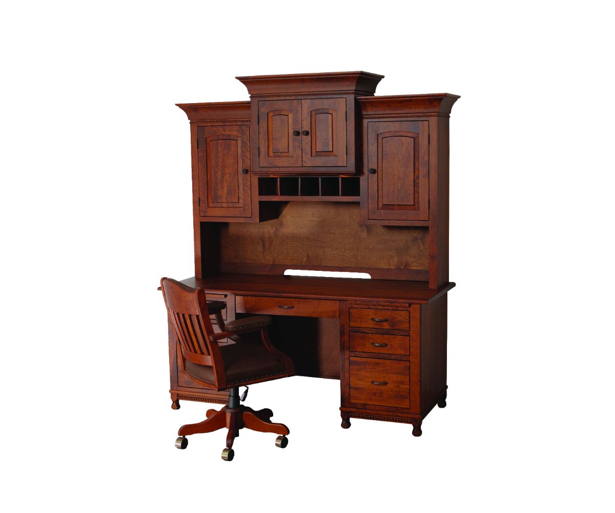hand-rubbed finish hardwood Two-tone Executive Desk With Hutch And Storage Cabinets, Two-tone Executive Desk With Hutch And Storage Cabinets in a showroom vignette setting highlighting Two-tone Executive Desk With Hutch And Storage Cabinets (thumbnail 3 of 3).
