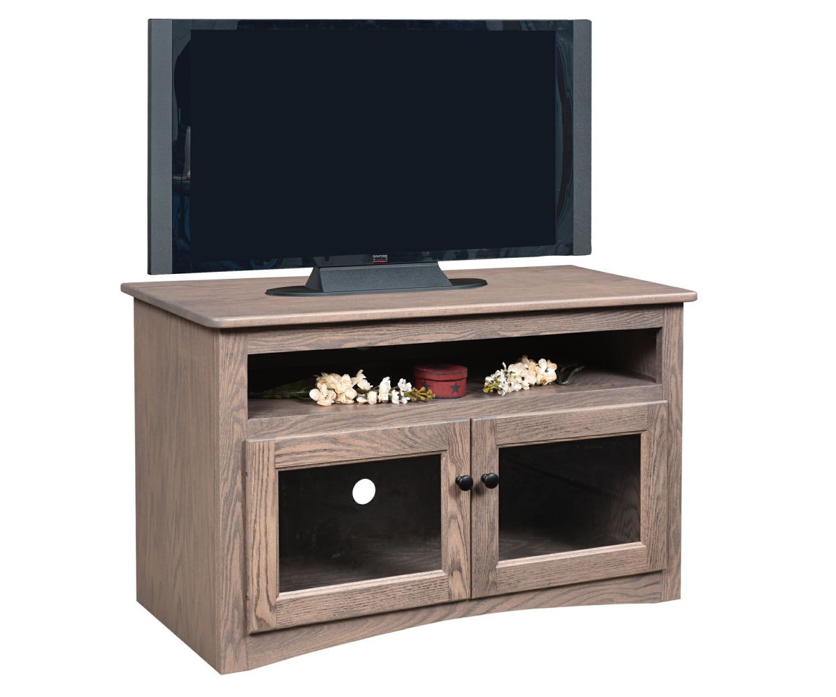 Corner Wood Tv Stand With Glass Doors And Open Shelf