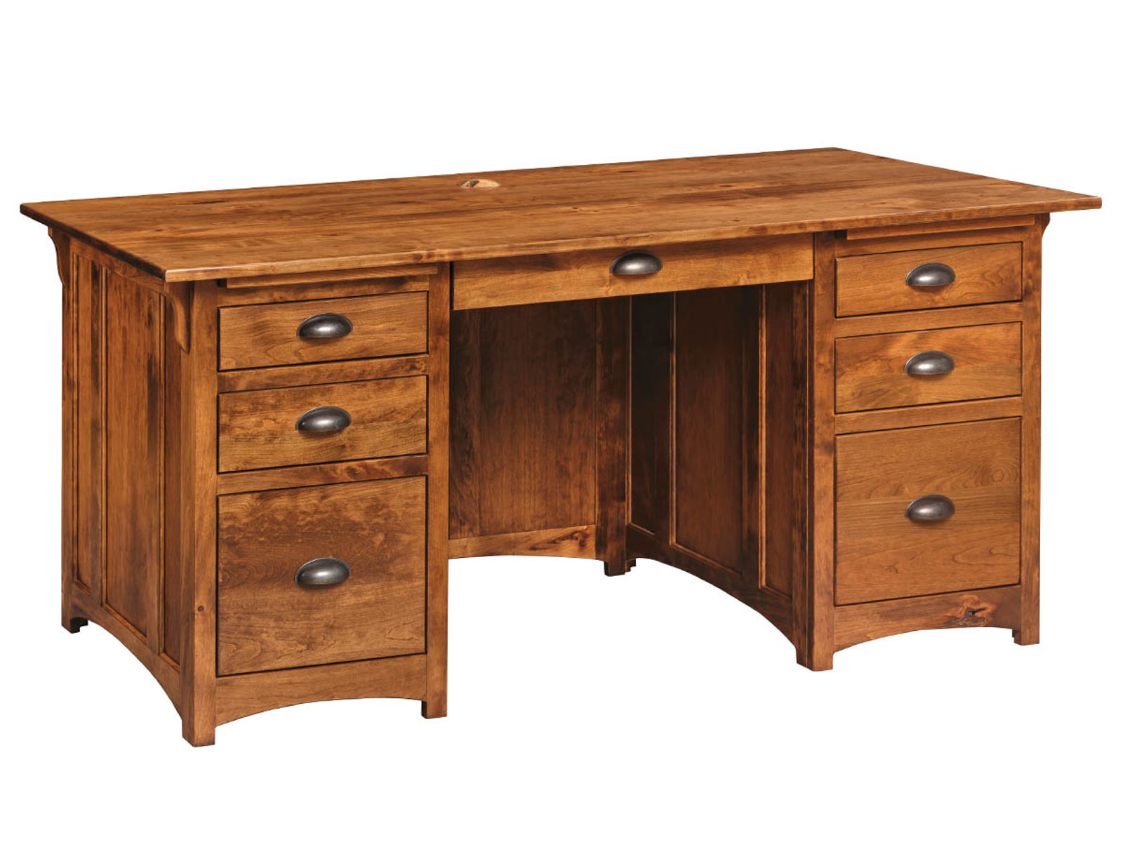 hand-rubbed finish hardwood Mission Style Double Pedestal Desk With Drawers, Mission Style Double Pedestal Desk With Drawers in a showroom vignette setting highlighting Mission Style Double Pedestal Desk With Drawers (frame 1 of 4).