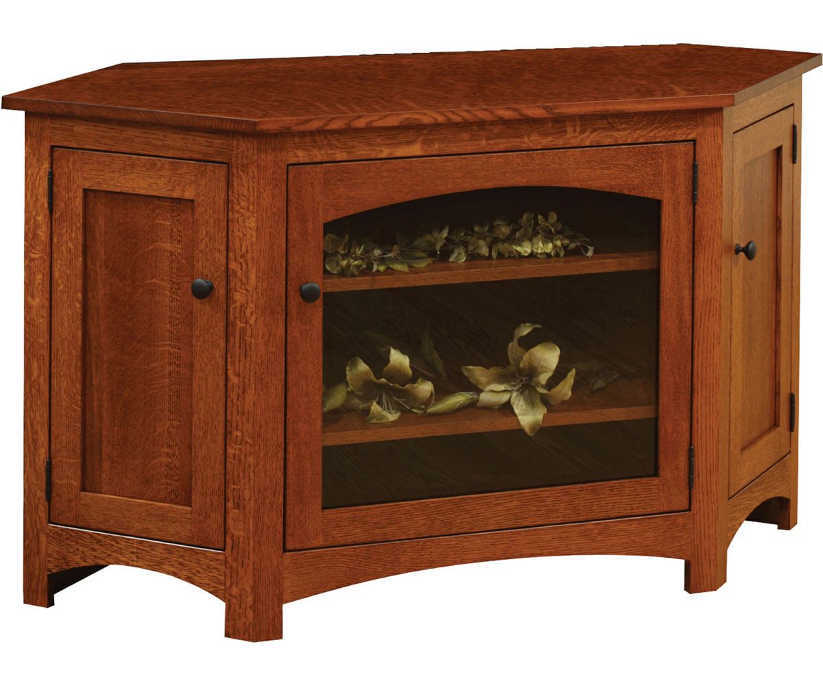hand-rubbed finish hardwood Mission And Traditional Solid Wood Corner Tv Stands With Glass Door, Mission And Traditional Solid Wood Corner Tv Stands With Glass Door in a showroom vignette setting highlighting Mission And Traditional Solid Wood Corner Tv Stands With Glass Door (thumbnail 2 of 4).