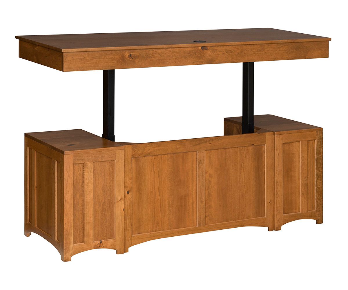 hand-rubbed finish hardwood Mission Style Executive Adjustable Lift Desk With Drawers, Mission Style Executive Adjustable Lift Desk With Drawers in a showroom vignette setting highlighting Mission Style Executive Adjustable Lift Desk With Drawers (thumbnail 5 of 6).