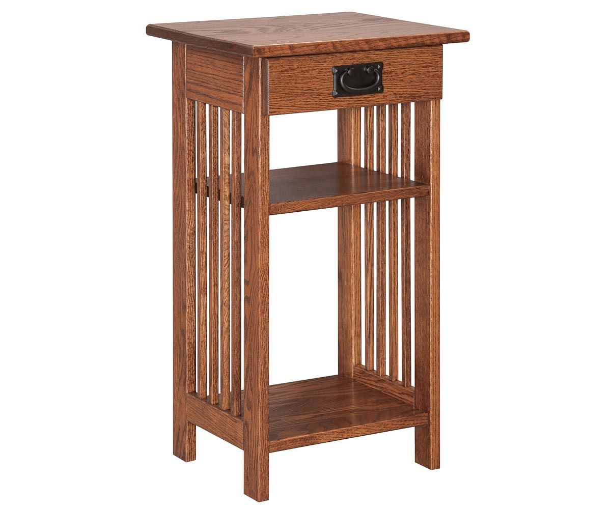 hand-rubbed finish hardwood Mission Style Phone Stand With Drawer And Shelf, Mission Style Phone Stand With Drawer And Shelf in a showroom vignette setting highlighting Mission Style Phone Stand With Drawer And Shelf (thumbnail 2 of 4).