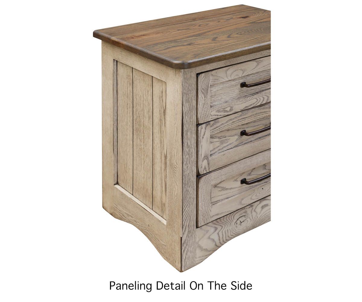 hand-rubbed finish hardwood Farmstead 3-drawer Nightstand With Panel Sides, Farmstead 3-drawer Nightstand With Panel Sides in a Farmstead vignette setting highlighting Farmstead 3-drawer Nightstand With Panel Sides (thumbnail 2 of 5).