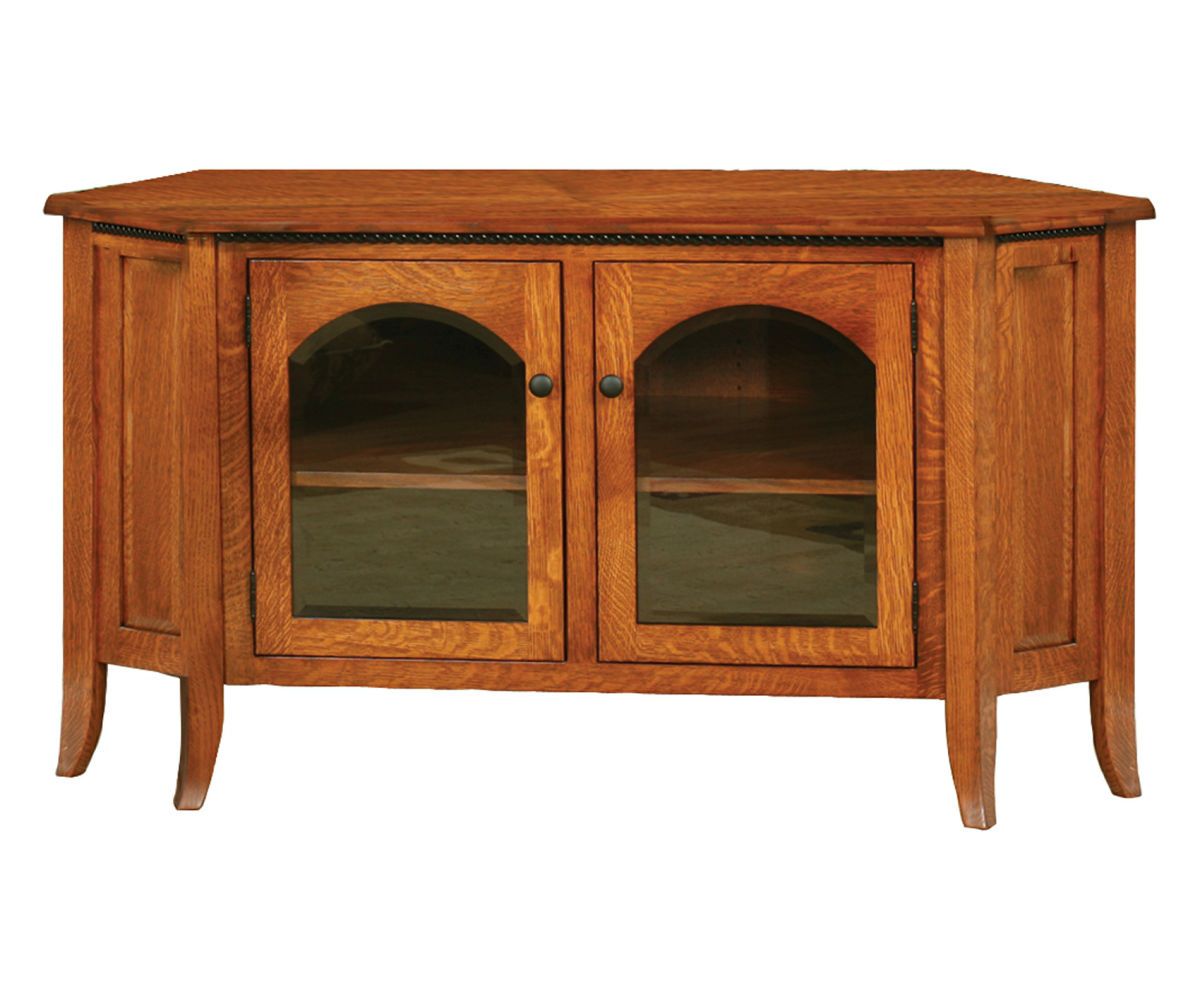 hand-rubbed finish hardwood Arched Glass Door Corner Tv Console With Curved Base, Arched Glass Door Corner Tv Console With Curved Base in a showroom vignette setting highlighting Arched Glass Door Corner Tv Console With Curved Base (thumbnail 2 of 2).