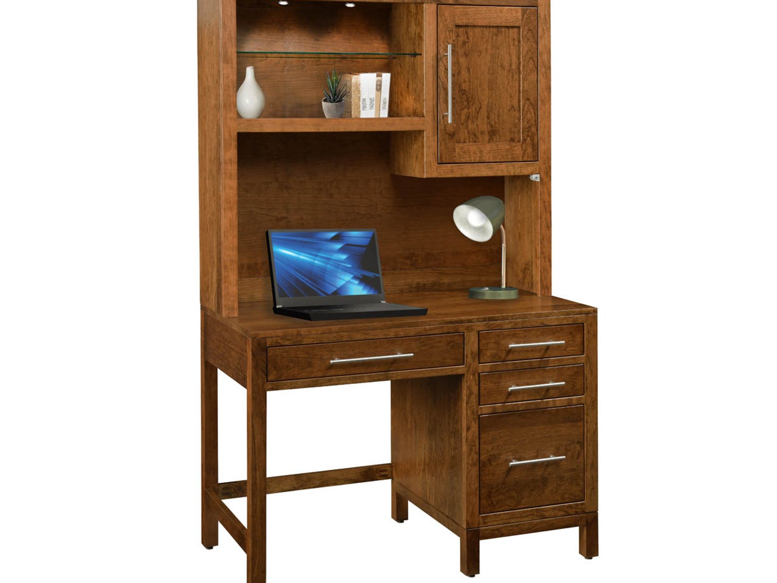 hand-rubbed finish hardwood Vienna Single Pedestal Desk With Hutch And Modern Hardware, Vienna Single Pedestal Desk With Hutch And Modern Hardware in a Vienna vignette setting highlighting Vienna Single Pedestal Desk With Hutch And Modern Hardware (frame 1 of 4).