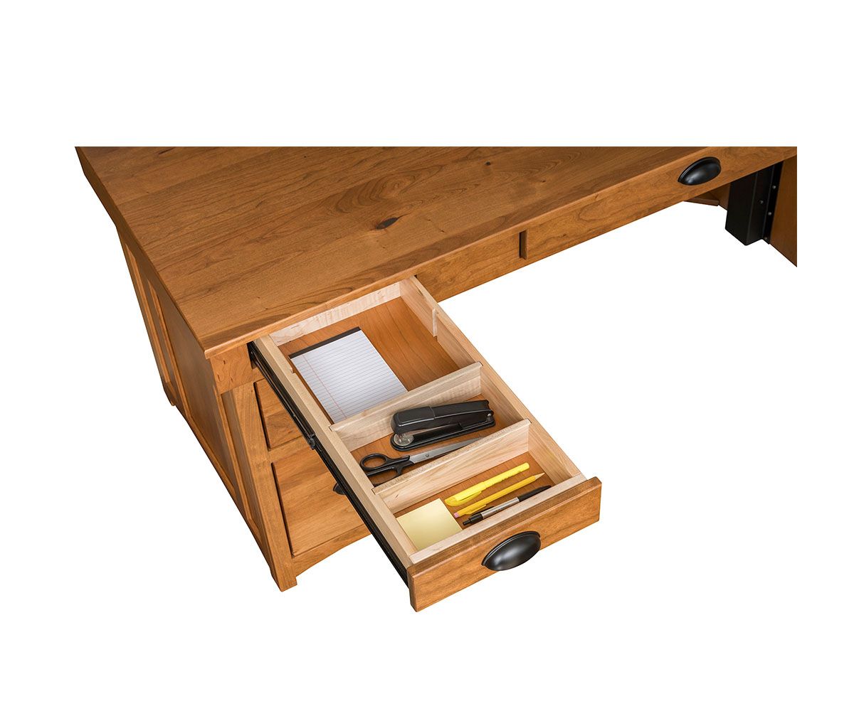 hand-rubbed finish hardwood Mission Style Double Pedestal Desk With Drawers, Mission Style Double Pedestal Desk With Drawers in a showroom vignette setting highlighting Mission Style Double Pedestal Desk With Drawers (thumbnail 2 of 4).