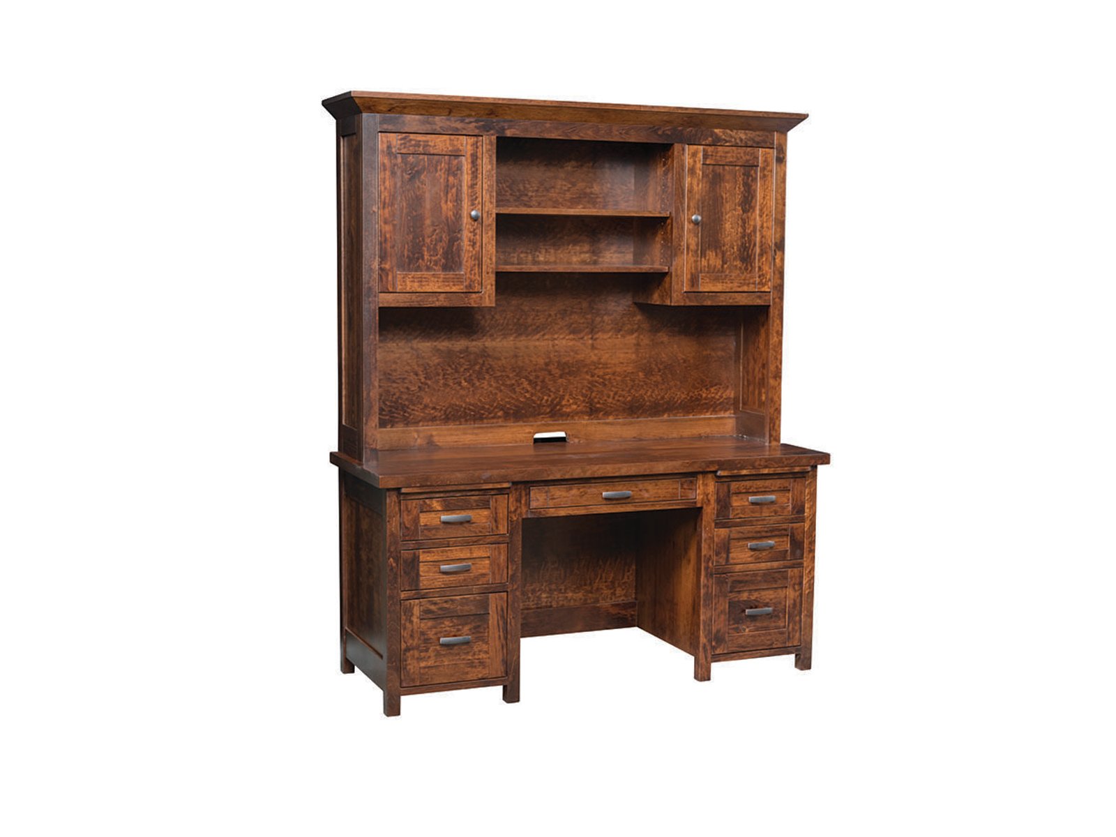 hand-rubbed finish hardwood Mission Style Double Pedestal Desk With Hutch And Storage Cabinets, Mission Style Double Pedestal Desk With Hutch And Storage Cabinets in a showroom vignette setting highlighting Mission Style Double Pedestal Desk With Hutch And Storage Cabinets (frame 1 of 2).