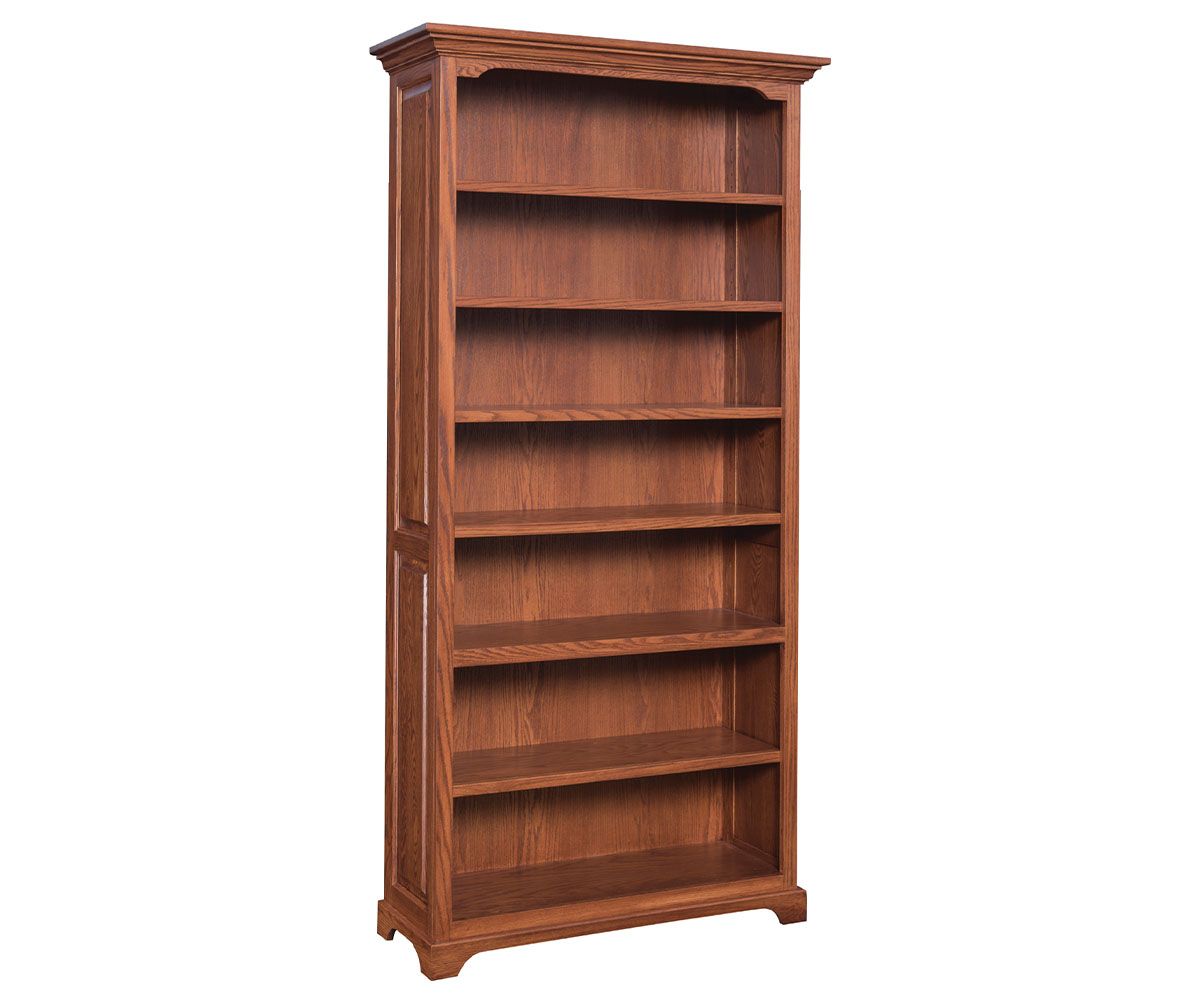 hand-rubbed finish hardwood Solid Wood Bookcase With Crown Molding, Solid Wood Bookcase With Crown Molding in a showroom vignette setting highlighting Solid Wood Bookcase With Crown Molding (thumbnail 9 of 9).
