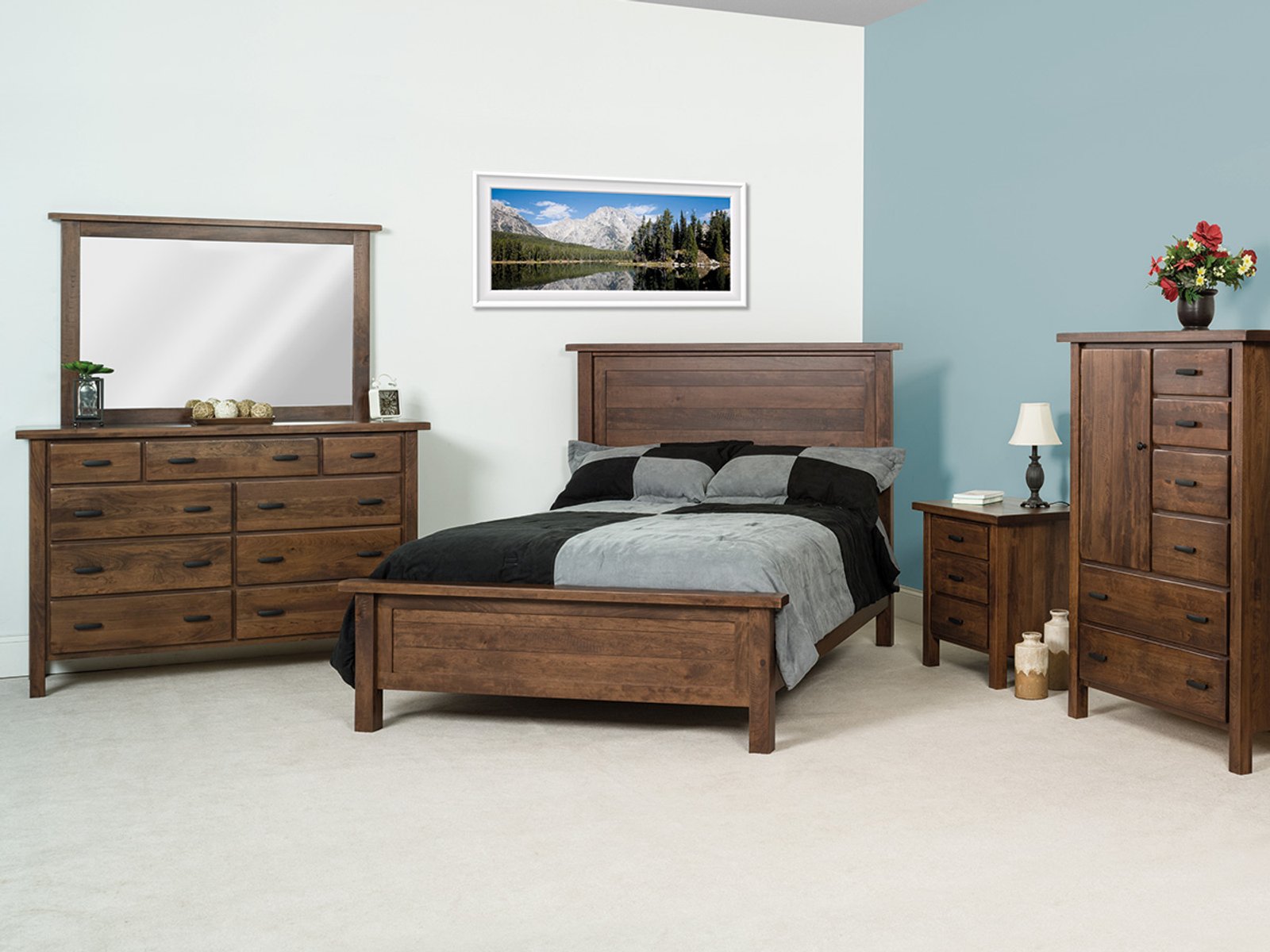 hand-rubbed finish hardwood Sawyer Solid Wood Bedroom Set With Bed, Dresser, Mirror, Nightstand, And Chest, Sawyer Solid Wood Bedroom Set With Bed, Dresser, Mirror, Nightstand, And Chest in a Sawyer vignette setting highlighting Sawyer Solid Wood Bedroom Set With Bed, Dresser, Mirror, Nightstand, And Chest (frame 1 of 1).