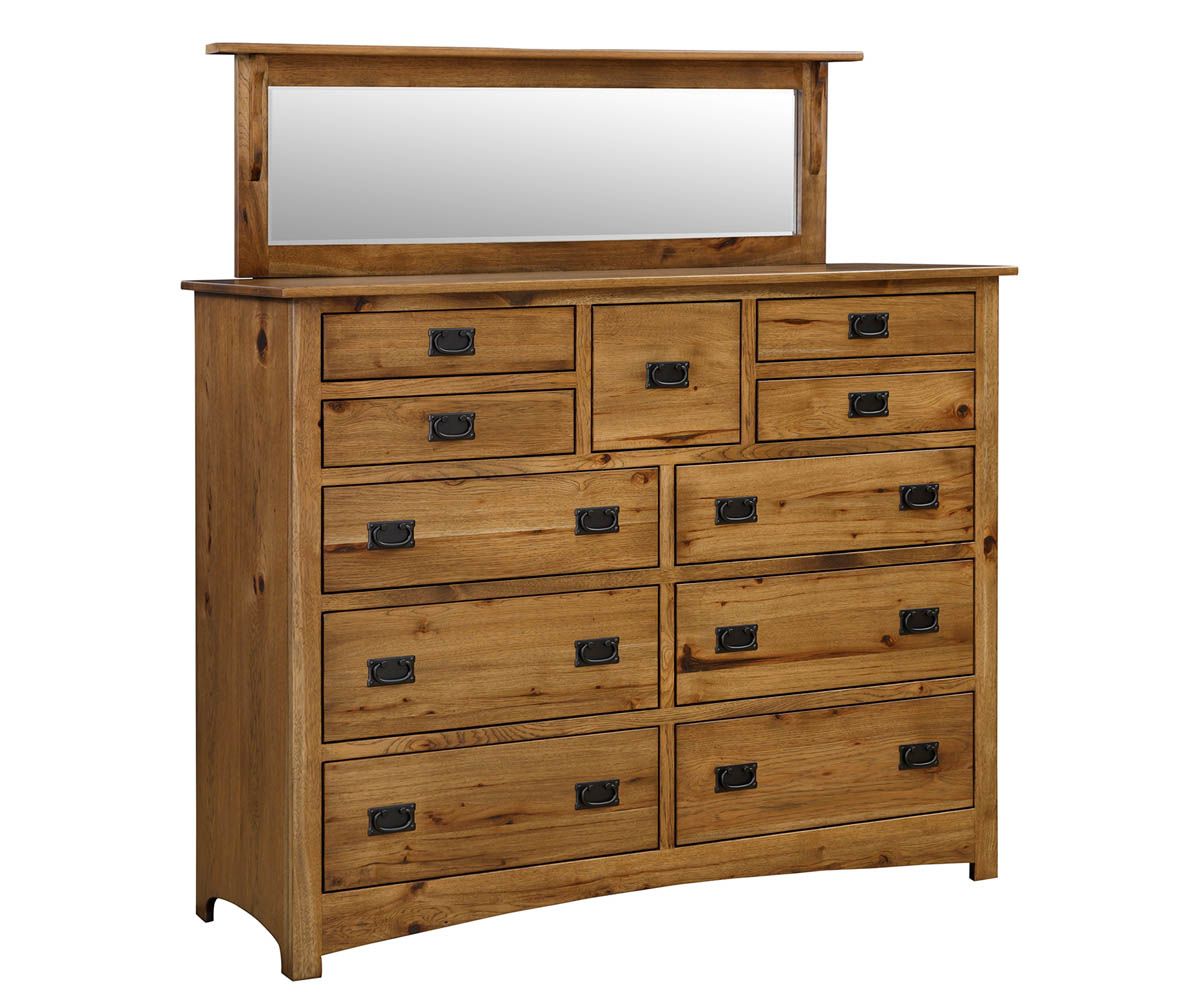 hand-rubbed finish hardwood Mission Style Mule Chest With Mirror, Mission Style Mule Chest With Mirror in a showroom vignette setting highlighting Mission Style Mule Chest With Mirror (thumbnail 2 of 3).