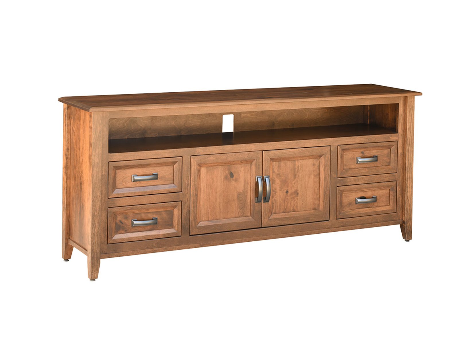 hand-rubbed finish hardwood Modern Rustic Four-drawer Solid Wood Tv Stand With Open Shelf, Modern Rustic Four-drawer Solid Wood Tv Stand With Open Shelf in a showroom vignette setting highlighting Modern Rustic Four-drawer Solid Wood Tv Stand With Open Shelf (frame 1 of 6).