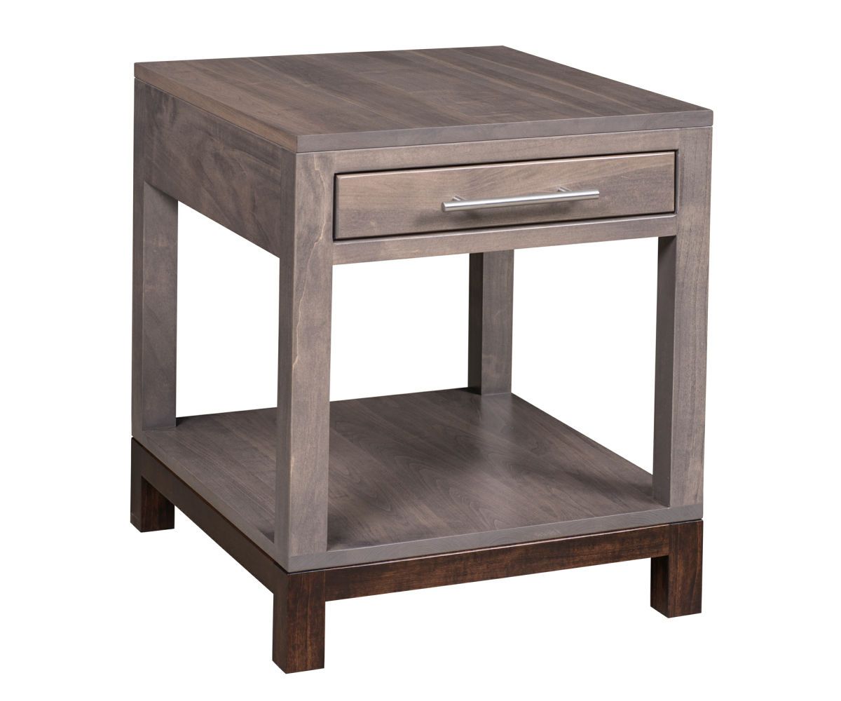 hand-rubbed finish hardwood Square Wood End Table With Drawer And Open Shelf, Square Wood End Table With Drawer And Open Shelf in a showroom vignette setting highlighting Square Wood End Table With Drawer And Open Shelf (thumbnail 5 of 6).