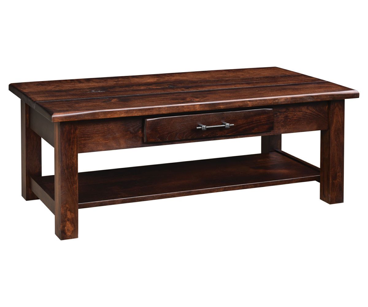 hand-rubbed finish hardwood Rectangular Coffee Table With Drawer And Open Shelf Base, Rectangular Coffee Table With Drawer And Open Shelf Base in a showroom vignette setting highlighting Rectangular Coffee Table With Drawer And Open Shelf Base (thumbnail 2 of 6).