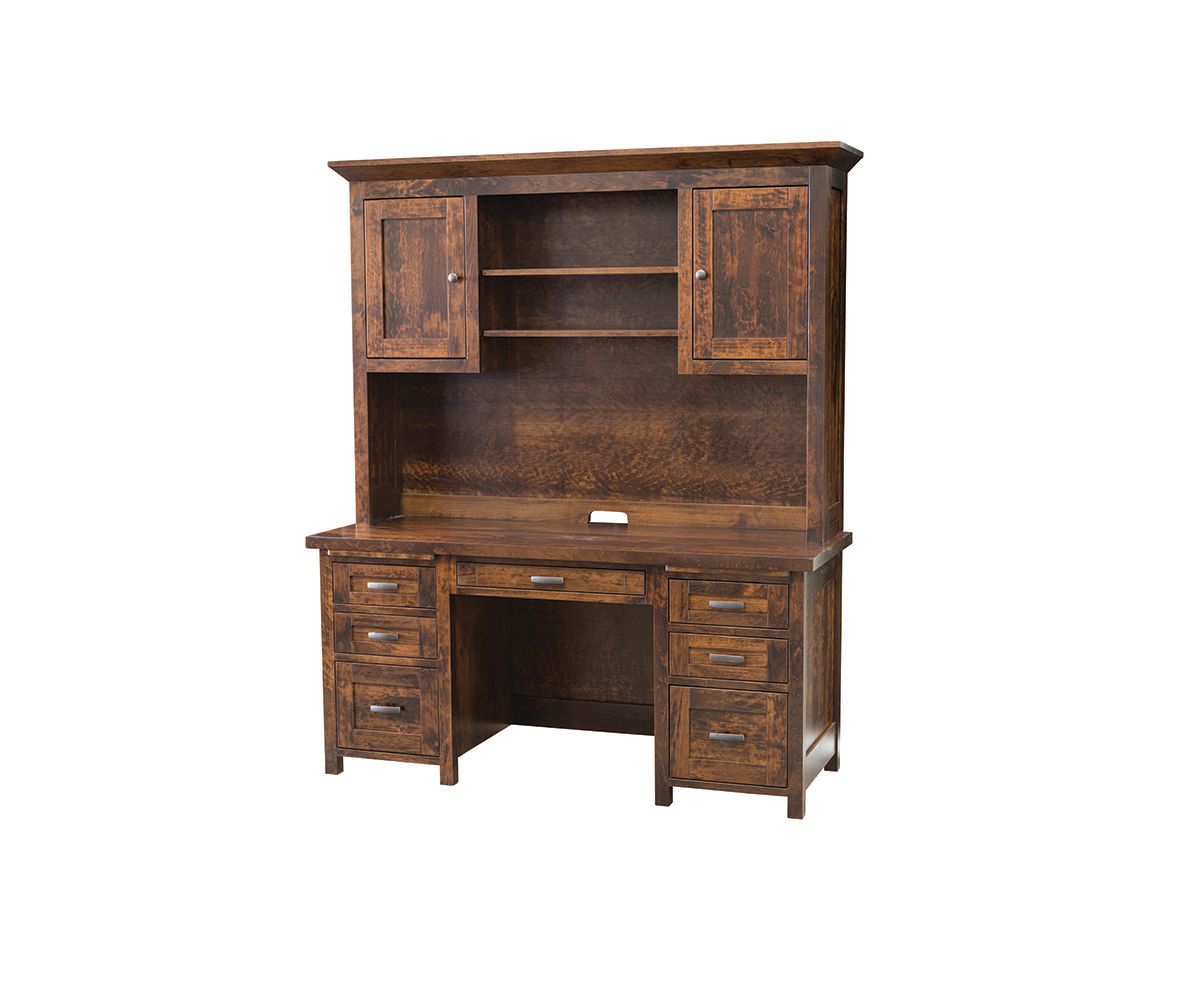 hand-rubbed finish hardwood Mission Style Double Pedestal Desk With Hutch And Storage Cabinets, Mission Style Double Pedestal Desk With Hutch And Storage Cabinets in a showroom vignette setting highlighting Mission Style Double Pedestal Desk With Hutch And Storage Cabinets (thumbnail 2 of 2).
