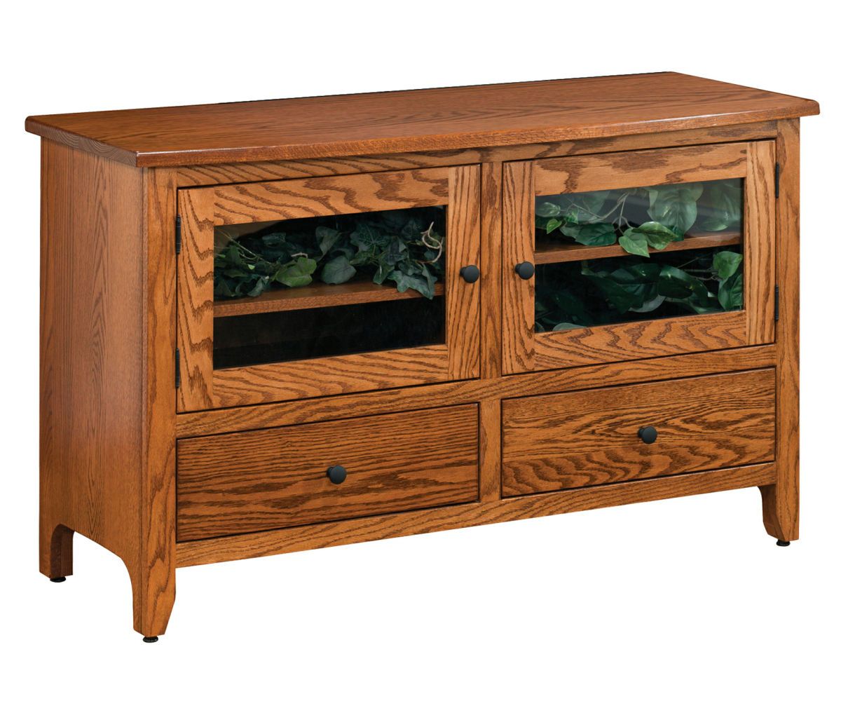 Mission Glass Door Console With Two Drawers And Shelf