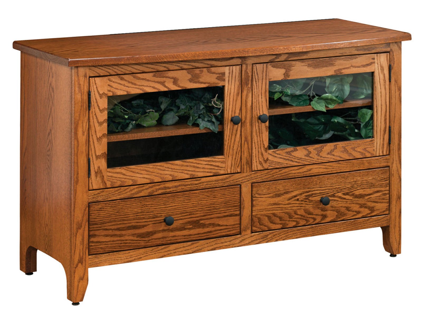 hand-rubbed finish hardwood Mission Glass Door Console With Two Drawers And Shelf, Mission Glass Door Console With Two Drawers And Shelf in a showroom vignette setting highlighting Mission Glass Door Console With Two Drawers And Shelf (frame 1 of 1).