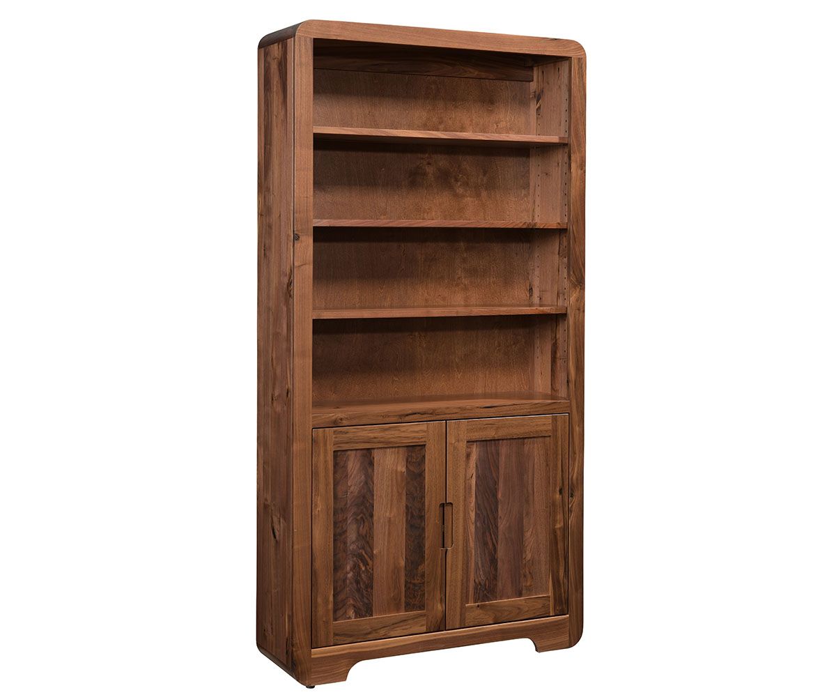 Tall Walnut Bookcase With Adjustable Shelves And Lower Cabinet Doors