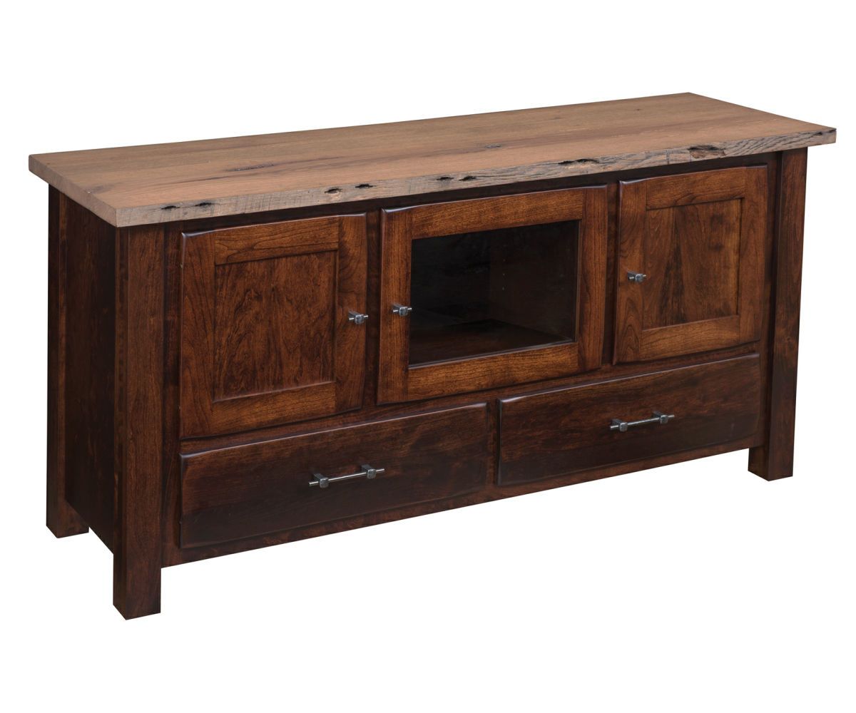 Rustic Edge Media Console With Glass Door And Storage Drawers