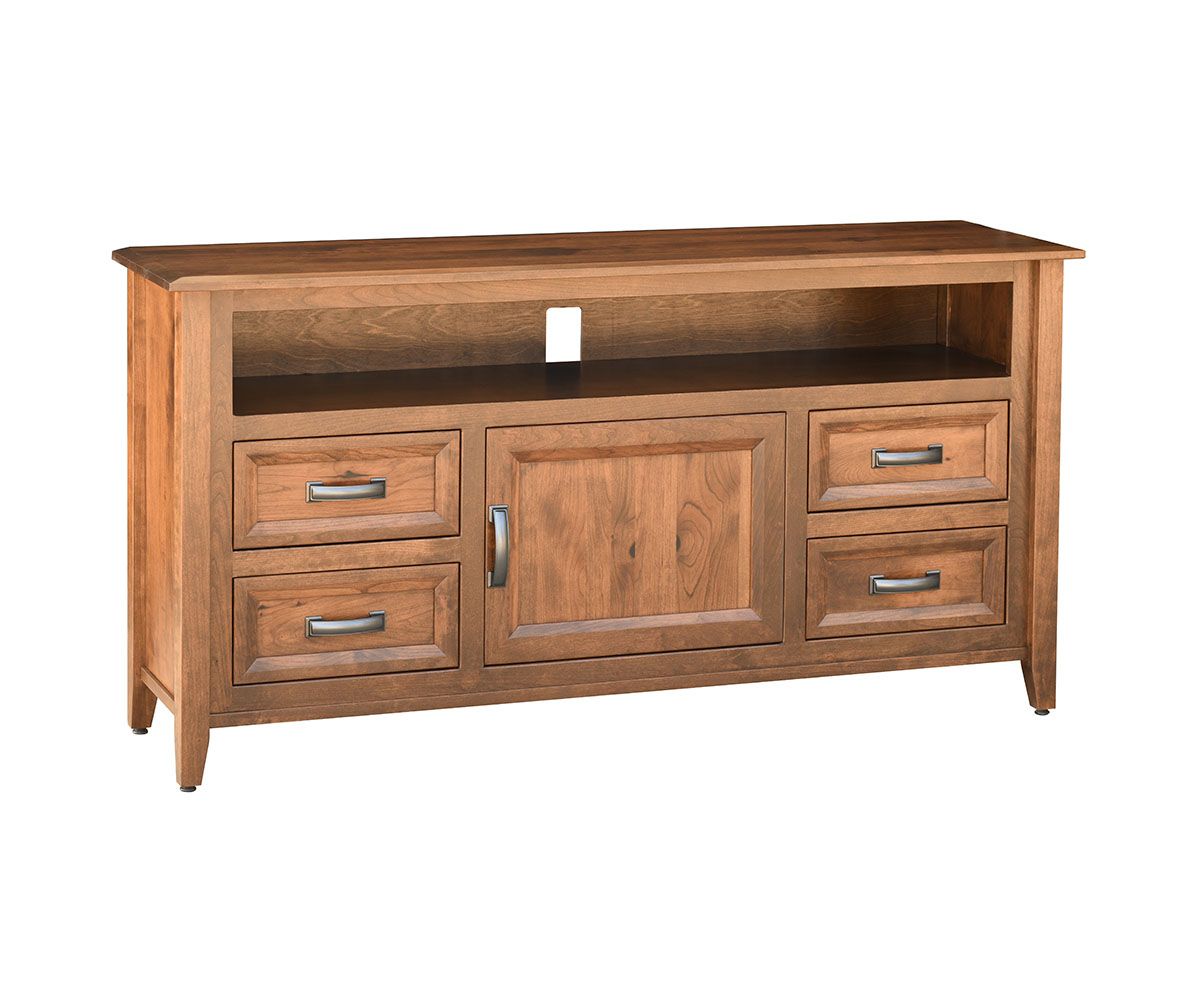 hand-rubbed finish hardwood Modern Rustic Four-drawer Solid Wood Tv Stand With Open Shelf, Modern Rustic Four-drawer Solid Wood Tv Stand With Open Shelf in a showroom vignette setting highlighting Modern Rustic Four-drawer Solid Wood Tv Stand With Open Shelf (thumbnail 6 of 6).