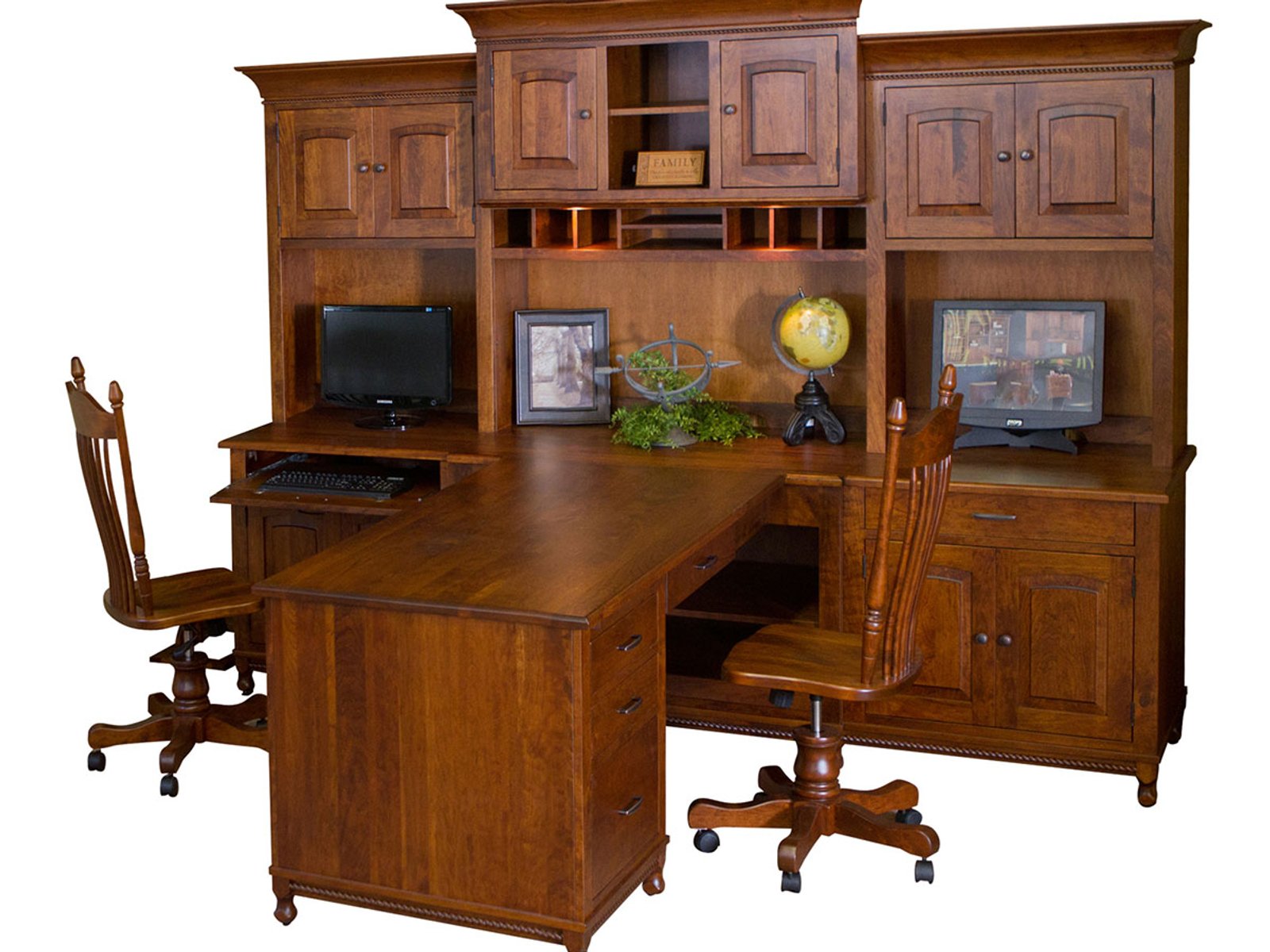 hand-rubbed finish hardwood L-shaped Executive Desk With Hutch And Storage Cabinets, L-shaped Executive Desk With Hutch And Storage Cabinets in a showroom vignette setting highlighting L-shaped Executive Desk With Hutch And Storage Cabinets (frame 1 of 2).