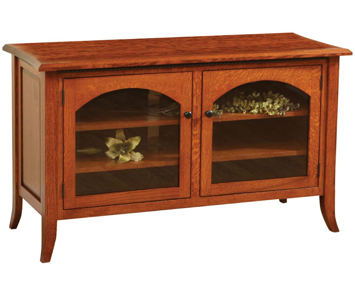 hand-rubbed finish hardwood Arched Glass Door Media Console With Flared Legs, Arched Glass Door Media Console With Flared Legs in a showroom vignette setting highlighting Arched Glass Door Media Console With Flared Legs (thumbnail 2 of 2).