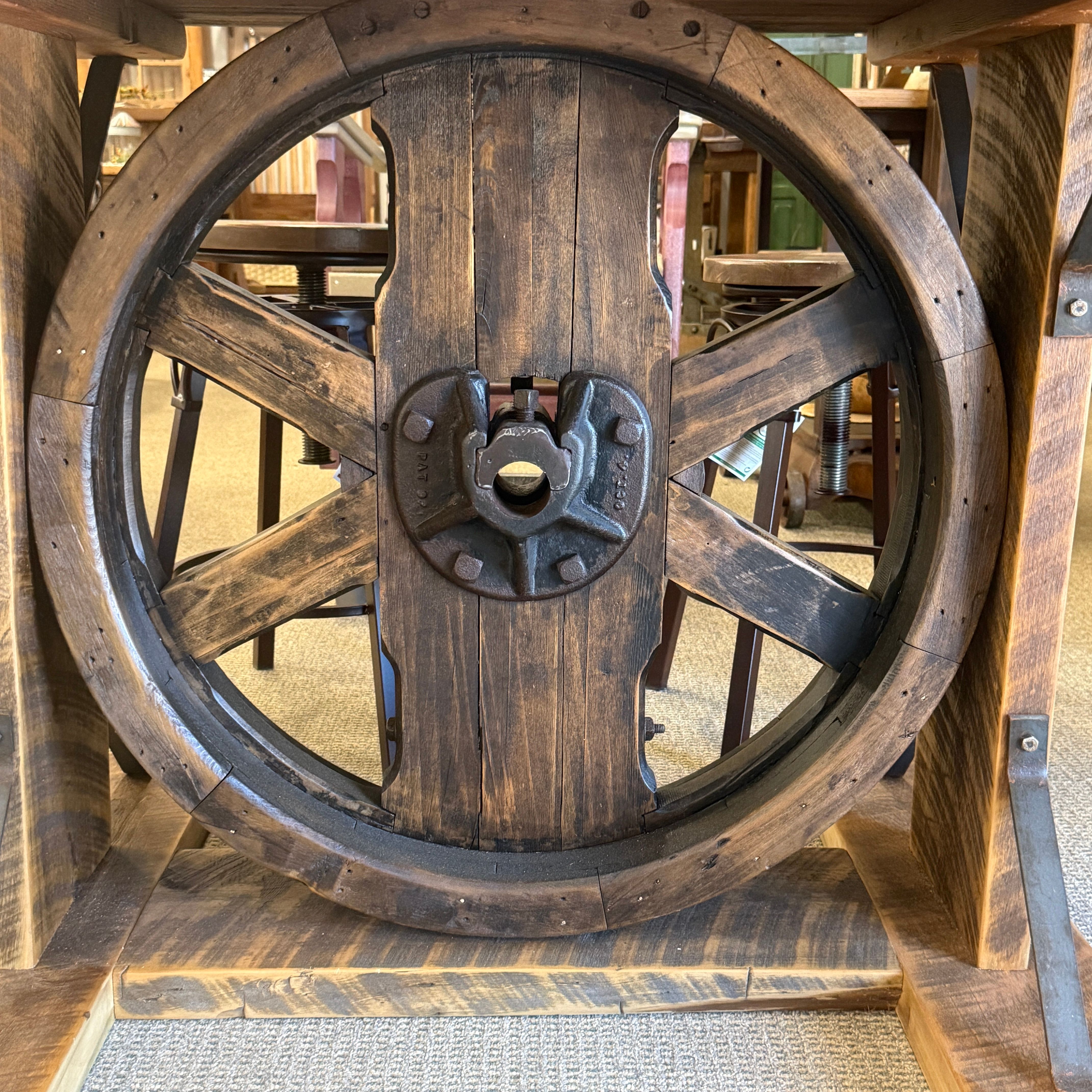 hand-rubbed finish hardwood Homestead Wheel Dining Table, thumbnail 3 in a Dining setting (thumbnail 3 of 5).