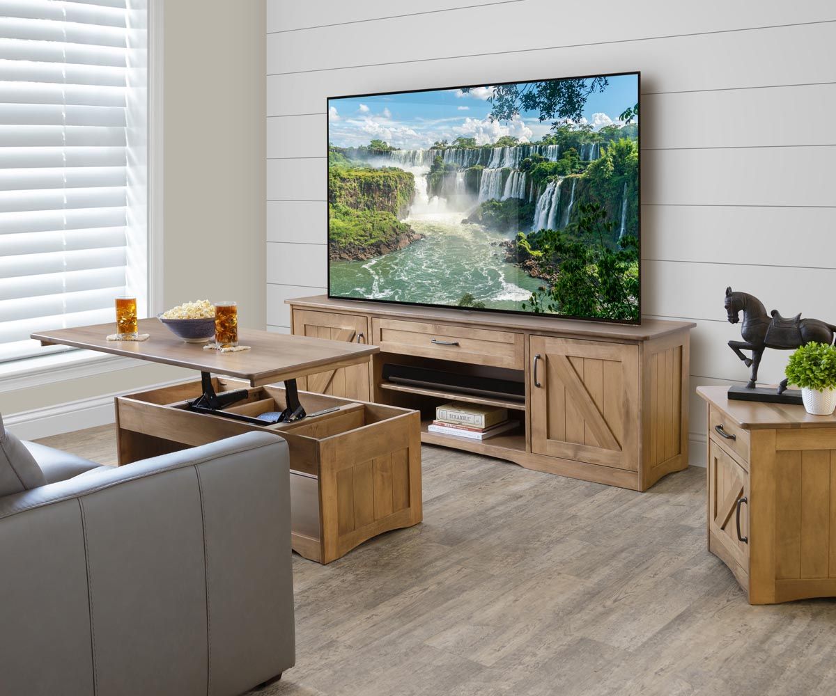 hand-rubbed finish hardwood Farmstead Lift-top Coffee Table And Tv Console Set, Farmstead Lift-top Coffee Table And Tv Console Set in a Farmstead vignette setting highlighting Farmstead Lift-top Coffee Table And Tv Console Set (thumbnail 2 of 4).