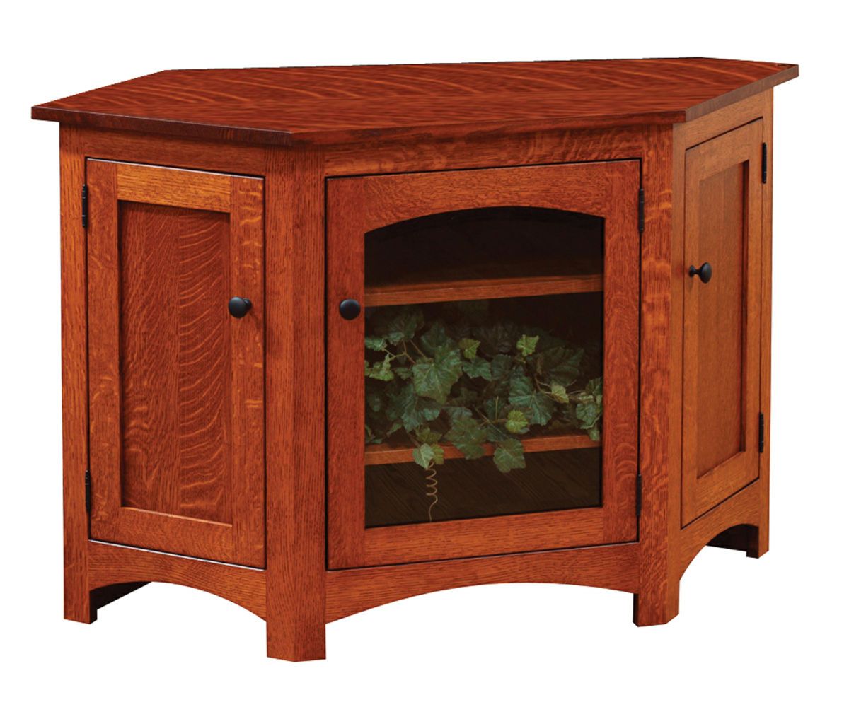 hand-rubbed finish hardwood Mission And Traditional Solid Wood Corner Tv Stands With Glass Door, Mission And Traditional Solid Wood Corner Tv Stands With Glass Door in a showroom vignette setting highlighting Mission And Traditional Solid Wood Corner Tv Stands With Glass Door (thumbnail 4 of 4).