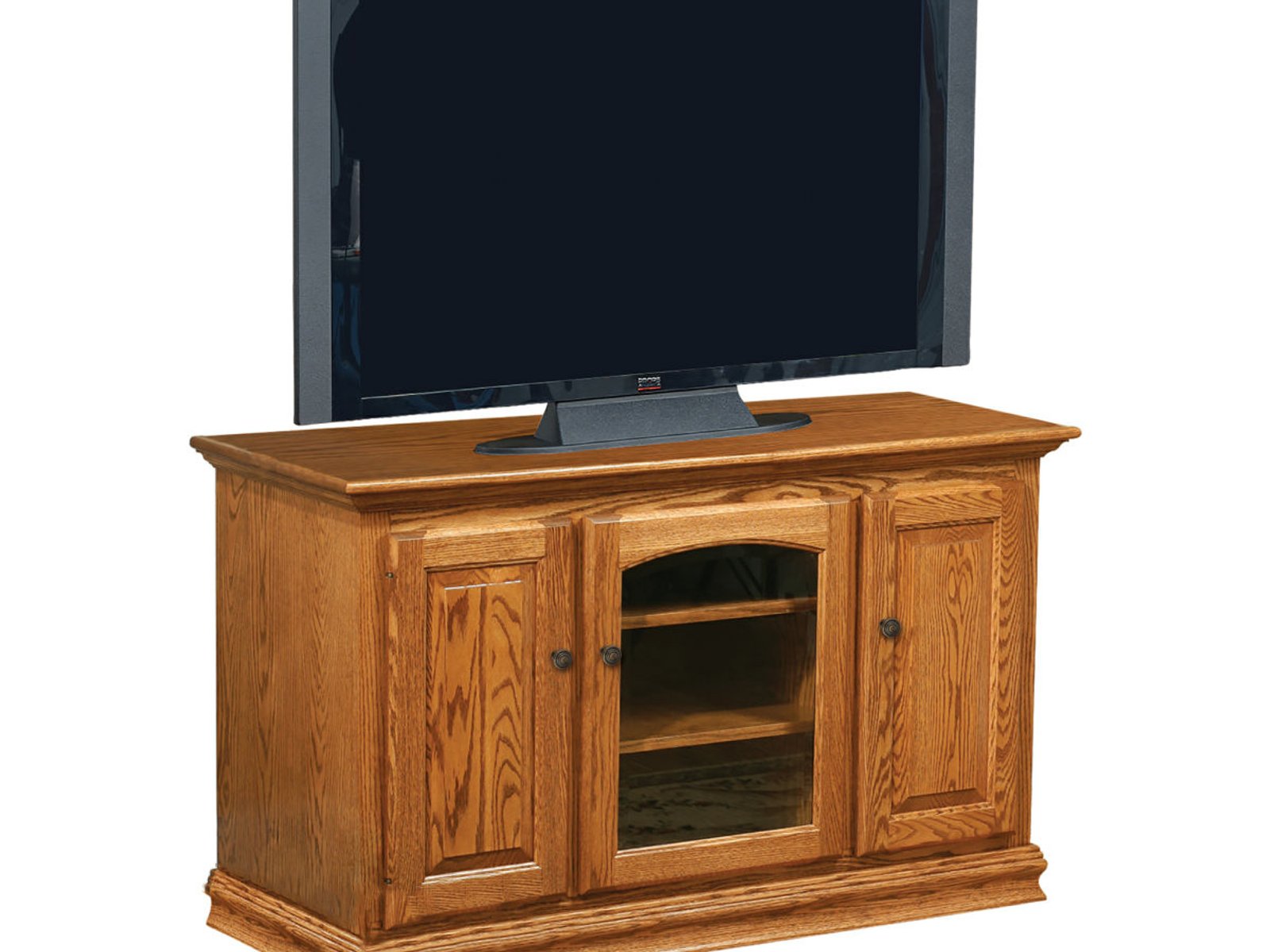 hand-rubbed finish hardwood Classic Paneled Wood Tv Console With Arched Glass Door, Classic Paneled Wood Tv Console With Arched Glass Door in a showroom vignette setting highlighting Classic Paneled Wood Tv Console With Arched Glass Door (frame 1 of 1).