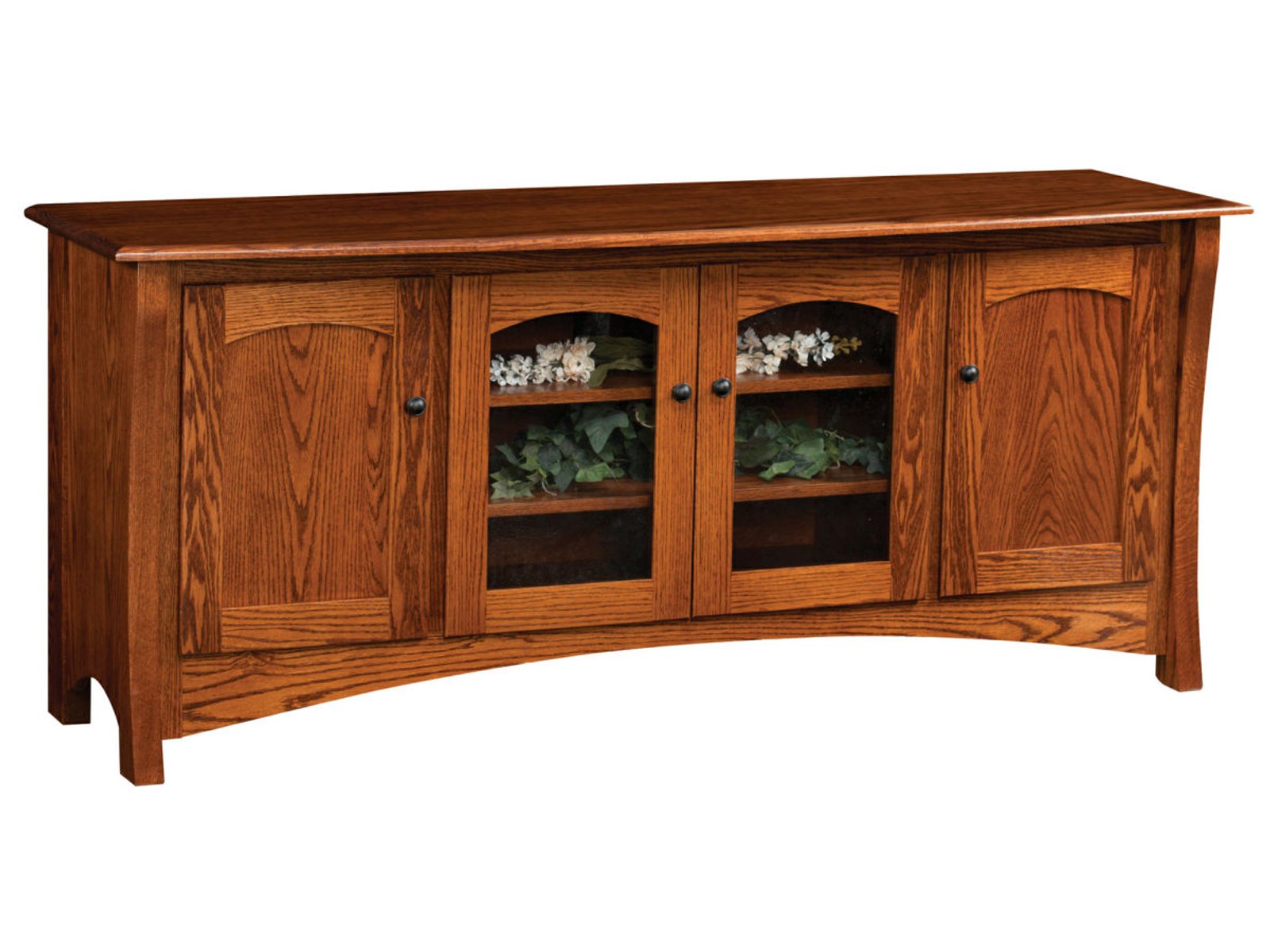 hand-rubbed finish hardwood Arched Panel Four-door Glass And Wood Dining Sideboard, Arched Panel Four-door Glass And Wood Dining Sideboard in a showroom vignette setting highlighting Arched Panel Four-door Glass And Wood Dining Sideboard (frame 1 of 1).