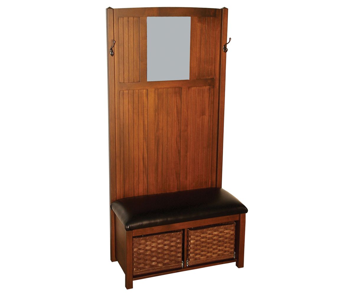 Entryway Hall Tree Bench With Mirror, Hooks, And Woven Storage Baskets