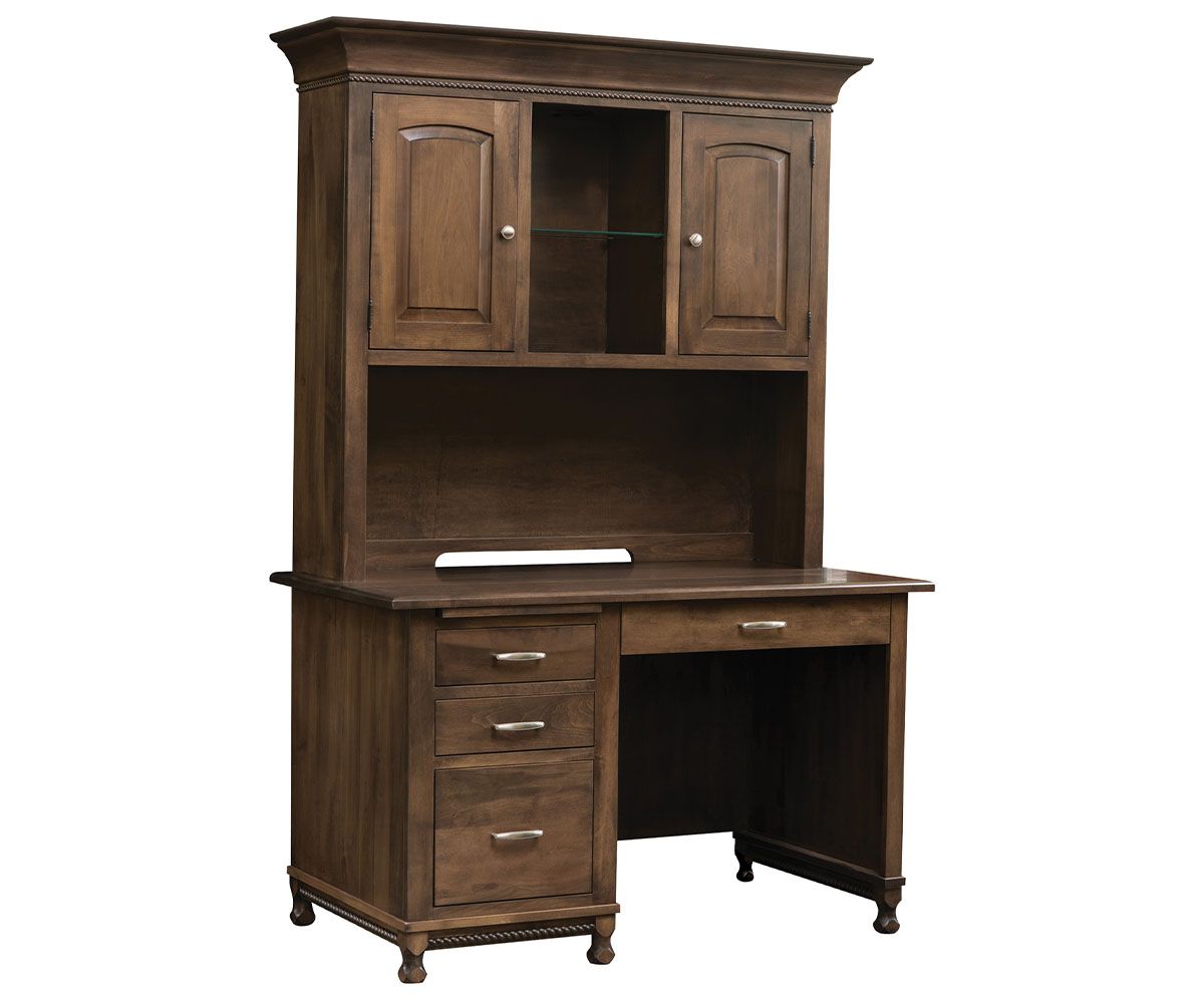 hand-rubbed finish hardwood Traditional Two-piece Desk With Hutch In Medium Brown, Traditional Two-piece Desk With Hutch In Medium Brown in a showroom vignette setting highlighting Traditional Two-piece Desk With Hutch In Medium Brown (thumbnail 2 of 2).
