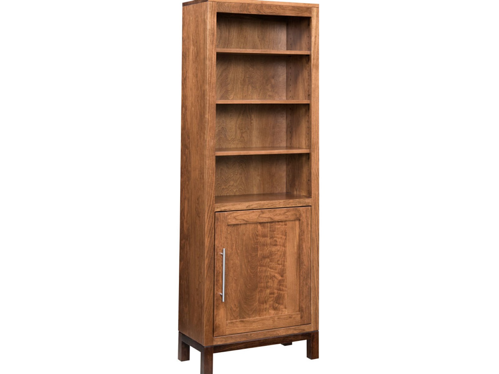 hand-rubbed finish hardwood Tall Modern Bookcase With Four Shelves And Lower Cabinet, Tall Modern Bookcase With Four Shelves And Lower Cabinet in a showroom vignette setting highlighting Tall Modern Bookcase With Four Shelves And Lower Cabinet (frame 1 of 1).
