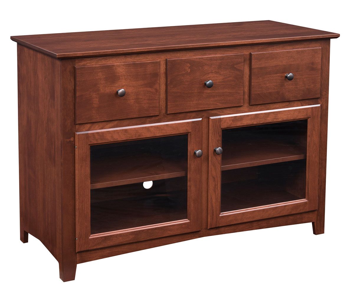 Cherry Wood Media Console With Glass Doors And Drawers
