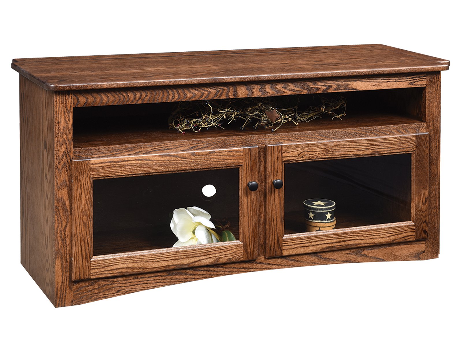 hand-rubbed finish hardwood Oak Glass Door Media Console With Open Shelf, Oak Glass Door Media Console With Open Shelf in a showroom vignette setting highlighting Oak Glass Door Media Console With Open Shelf (frame 1 of 1).
