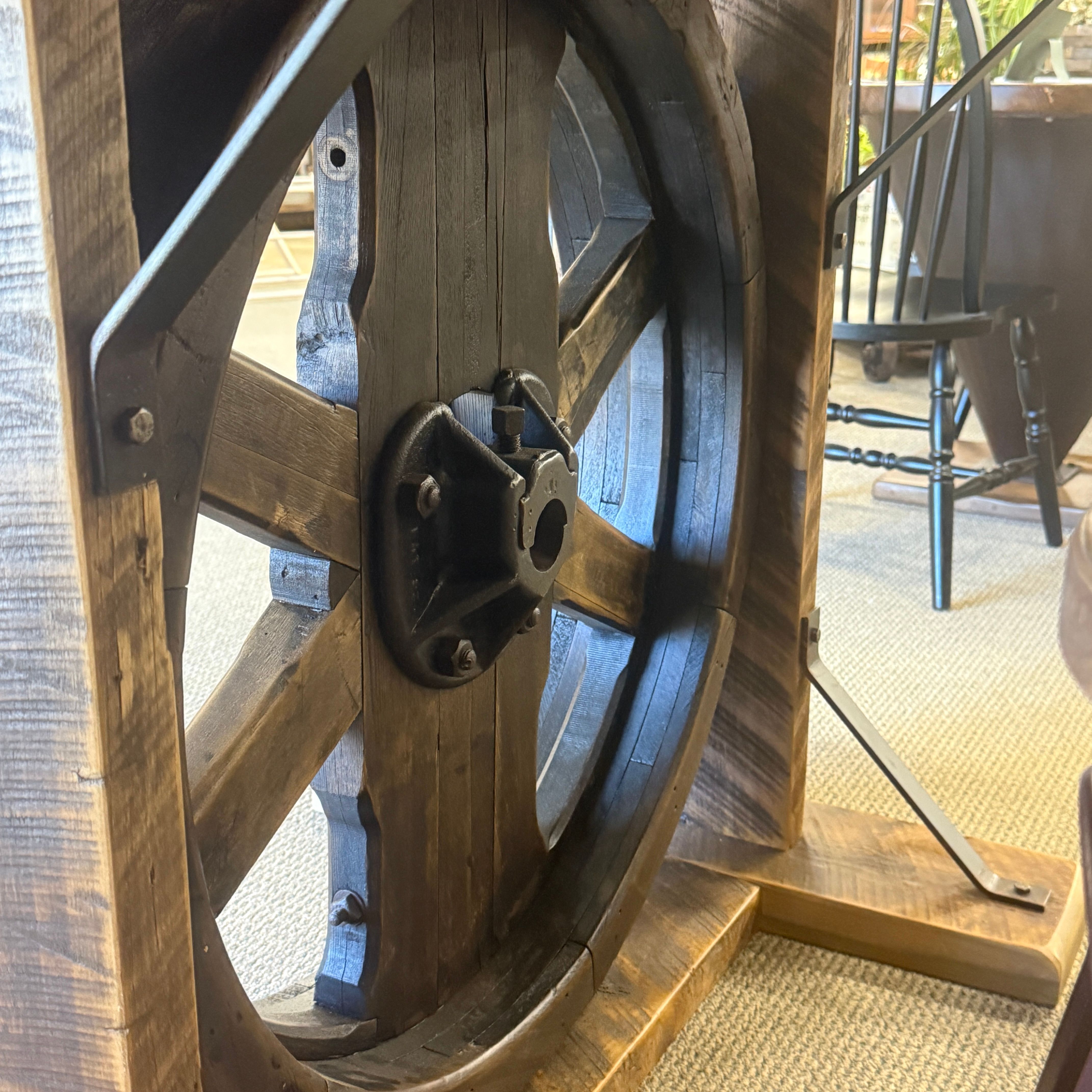 hand-rubbed finish hardwood Homestead Wheel Dining Table, thumbnail 5 in a Dining setting (thumbnail 5 of 5).