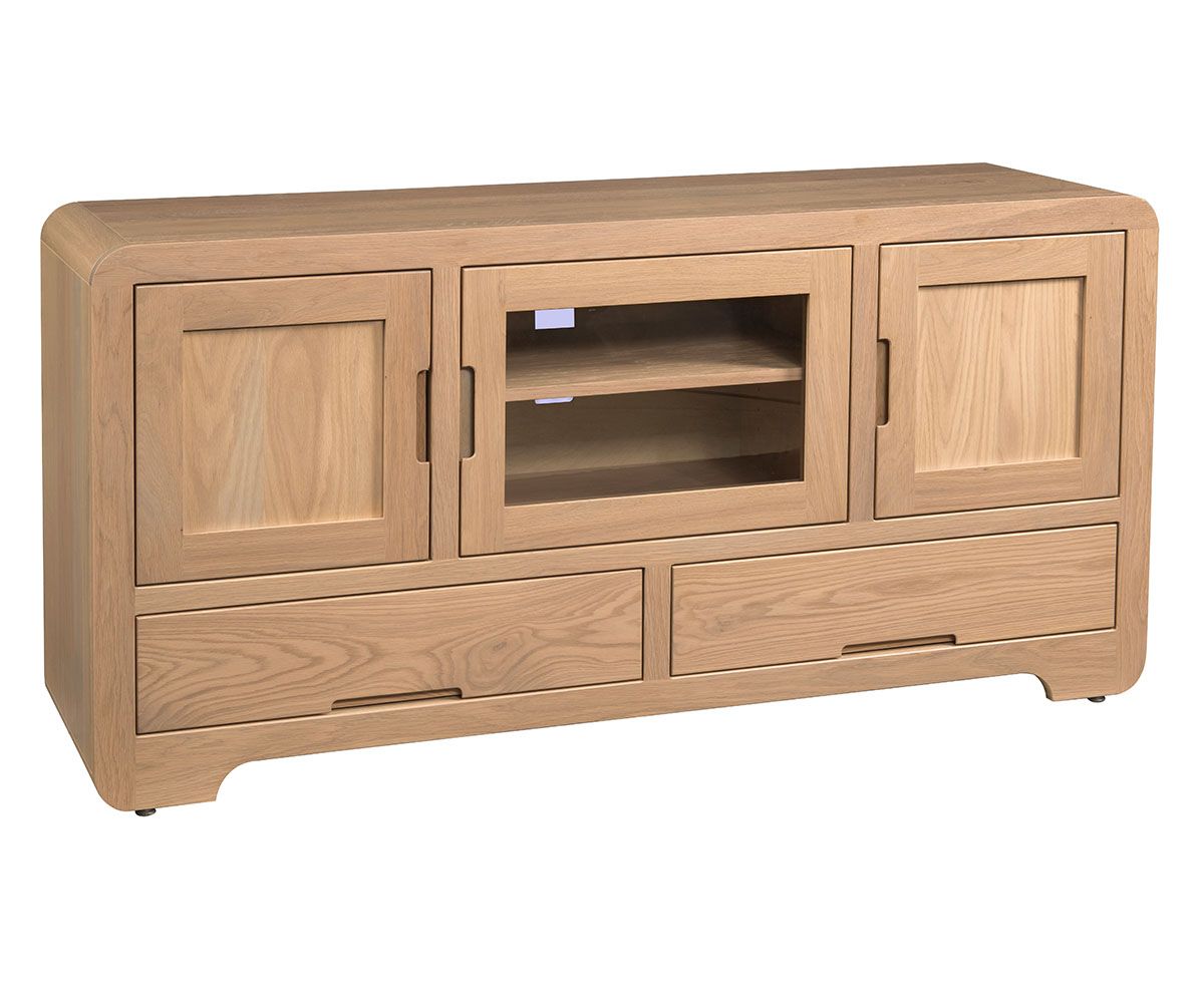 Rounded Edge Natural Oak Media Console With Glass Center Door