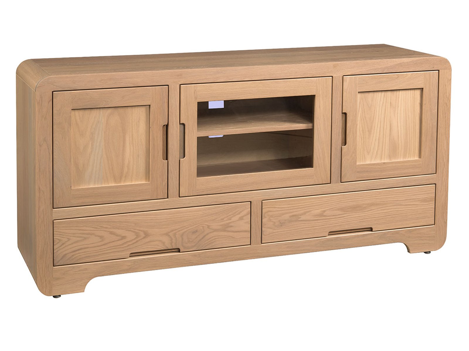 hand-rubbed finish hardwood Rounded Edge Natural Oak Media Console With Glass Center Door, Rounded Edge Natural Oak Media Console With Glass Center Door in a showroom vignette setting highlighting Rounded Edge Natural Oak Media Console With Glass Center Door (frame 1 of 1).